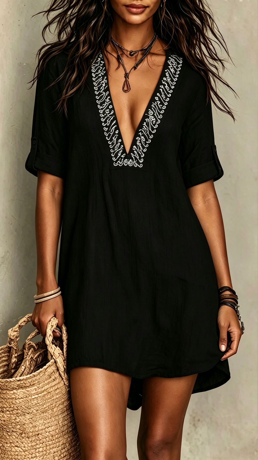 Women's Cotton-Blend Embroidered V-Neck Midi-Sleeve Dress - Nordfashionstorm - Women's Clothing, Fashion for You - Nordfashionstorm.com