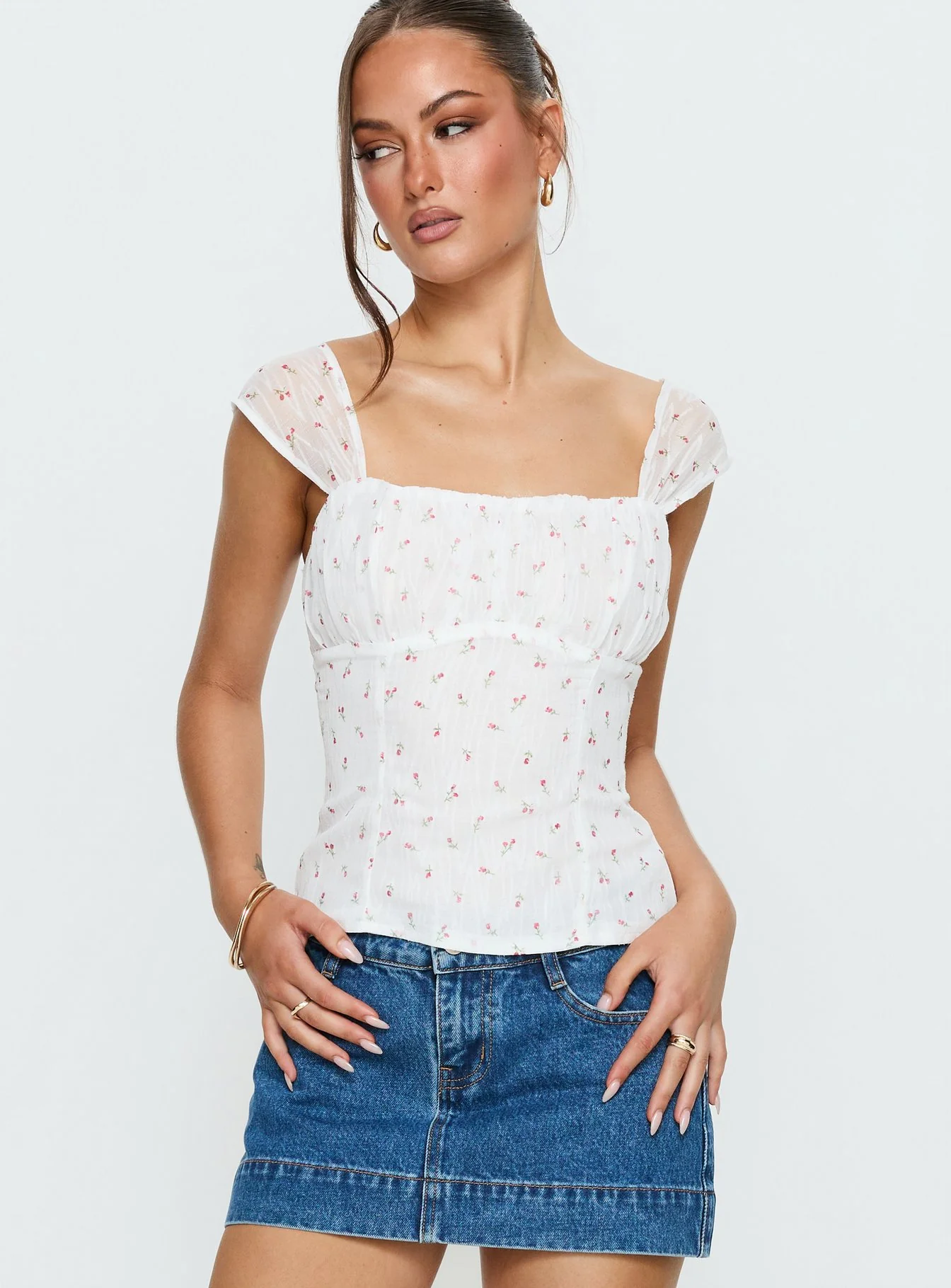 Orvena Square Neck Top White Floral