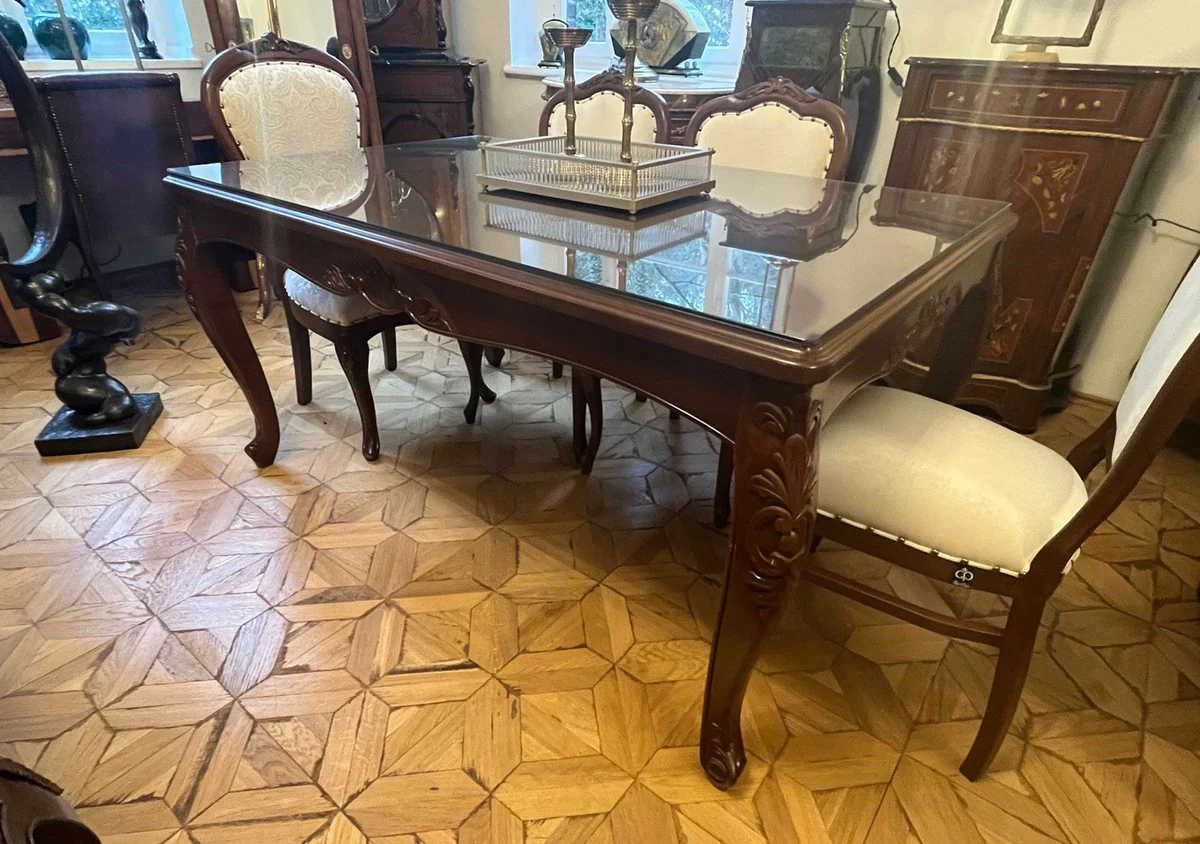 Luxury baroque dining table with glass top dark brown - handmade solid wood dining room table - luxury dining room furniture in baroque style - baroque furniture - baroque furnishings