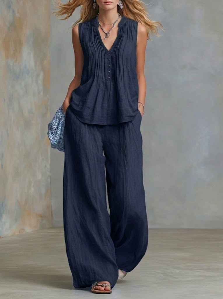 Plus Size Friendly Casual Linen And Cotton Pleated Sleeveless Top And Pants Two-piece Set - Nordfashionstorm - Women's Clothing, Fashion for You - Nordfashionstorm.com