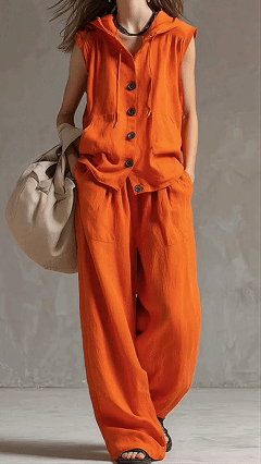 Women's Cotton-Blend Orange Hooded Sleeveless Vest & Wide-Leg Pants Set - Nordfashionstorm - Women's Clothing, Fashion for You - Nordfashionstorm.com
