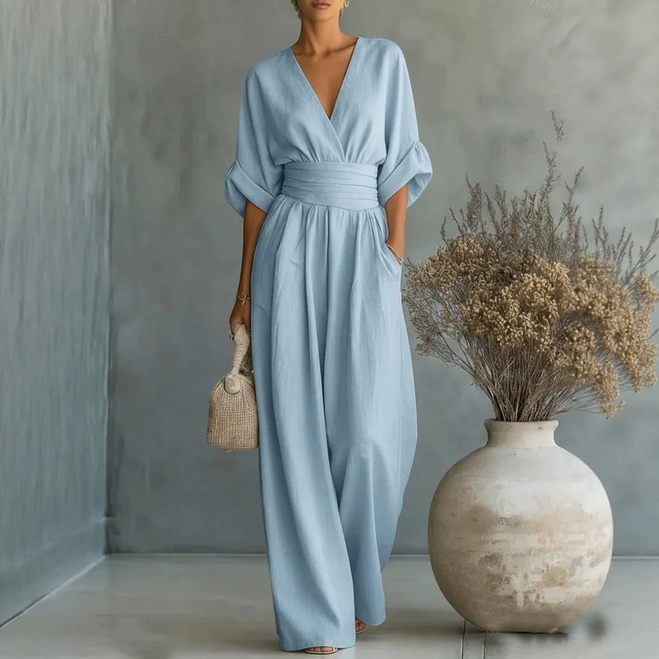 Women's Solid-Color V-Neck Jumpsuit - Nordfashionstorm - Women's Clothing, Fashion for You - Nordfashionstorm.com