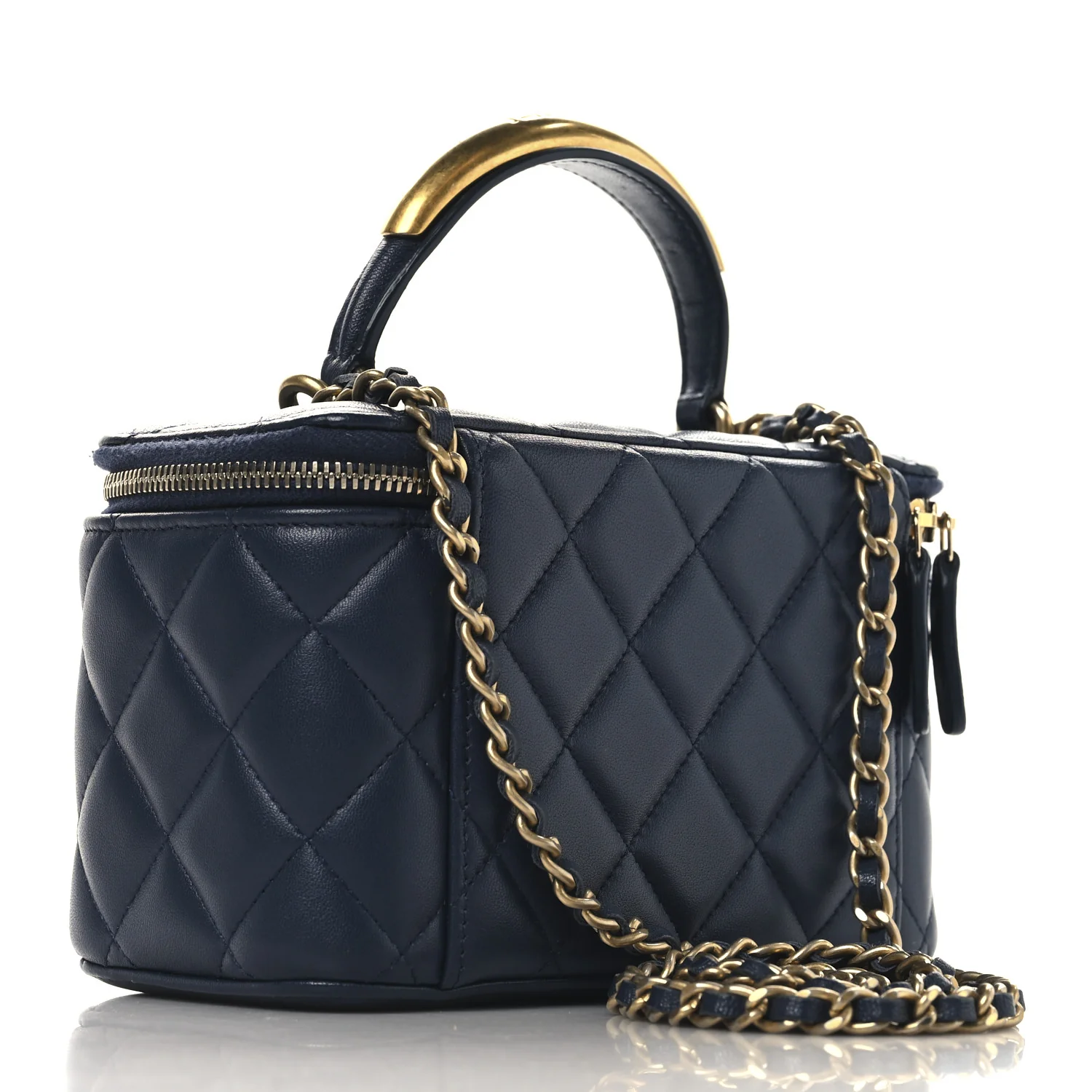 Lambskin Quilted Metal Small Top Handle Vanity Case With Chain Blue - Top Club