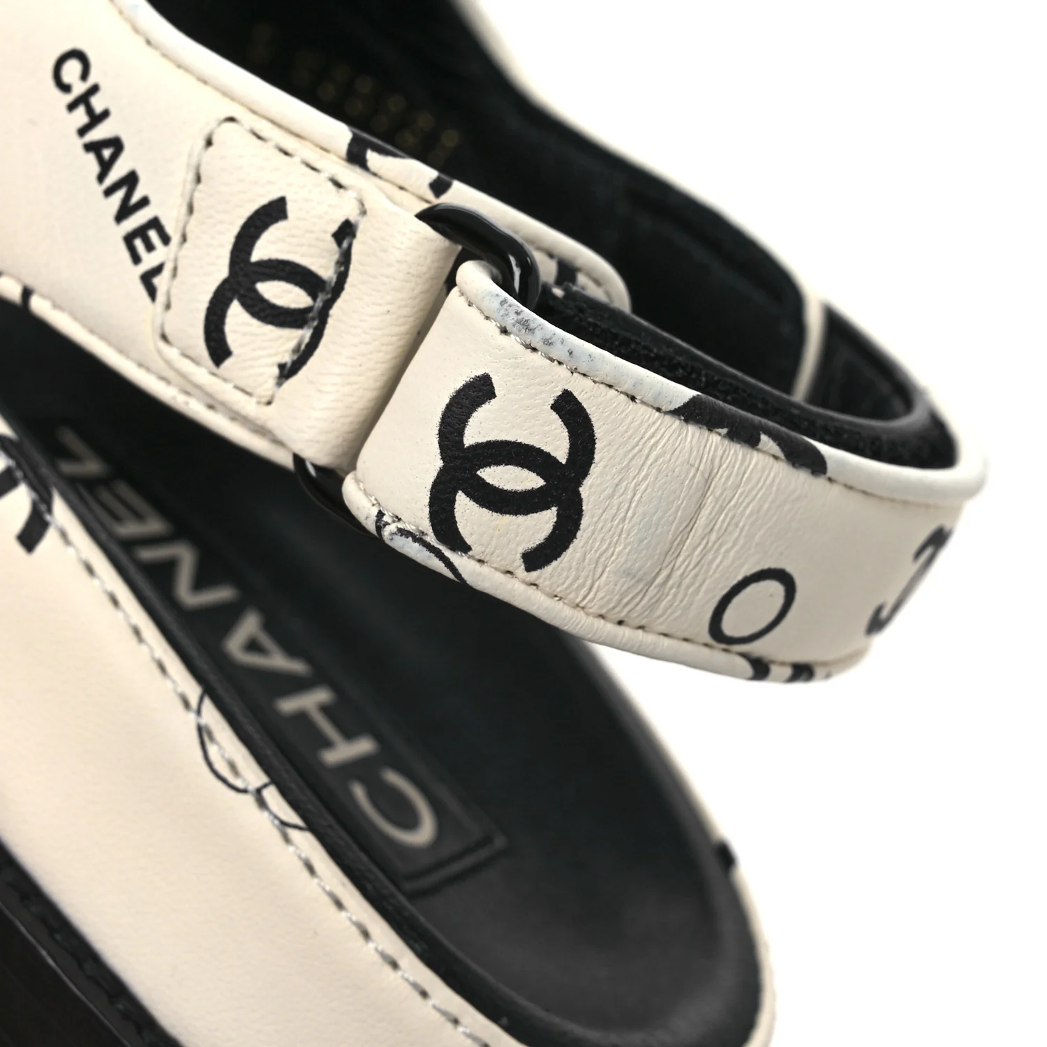 Lambskin Printed CC Velcro Dad Sandals 37.5 White Black - Top Club