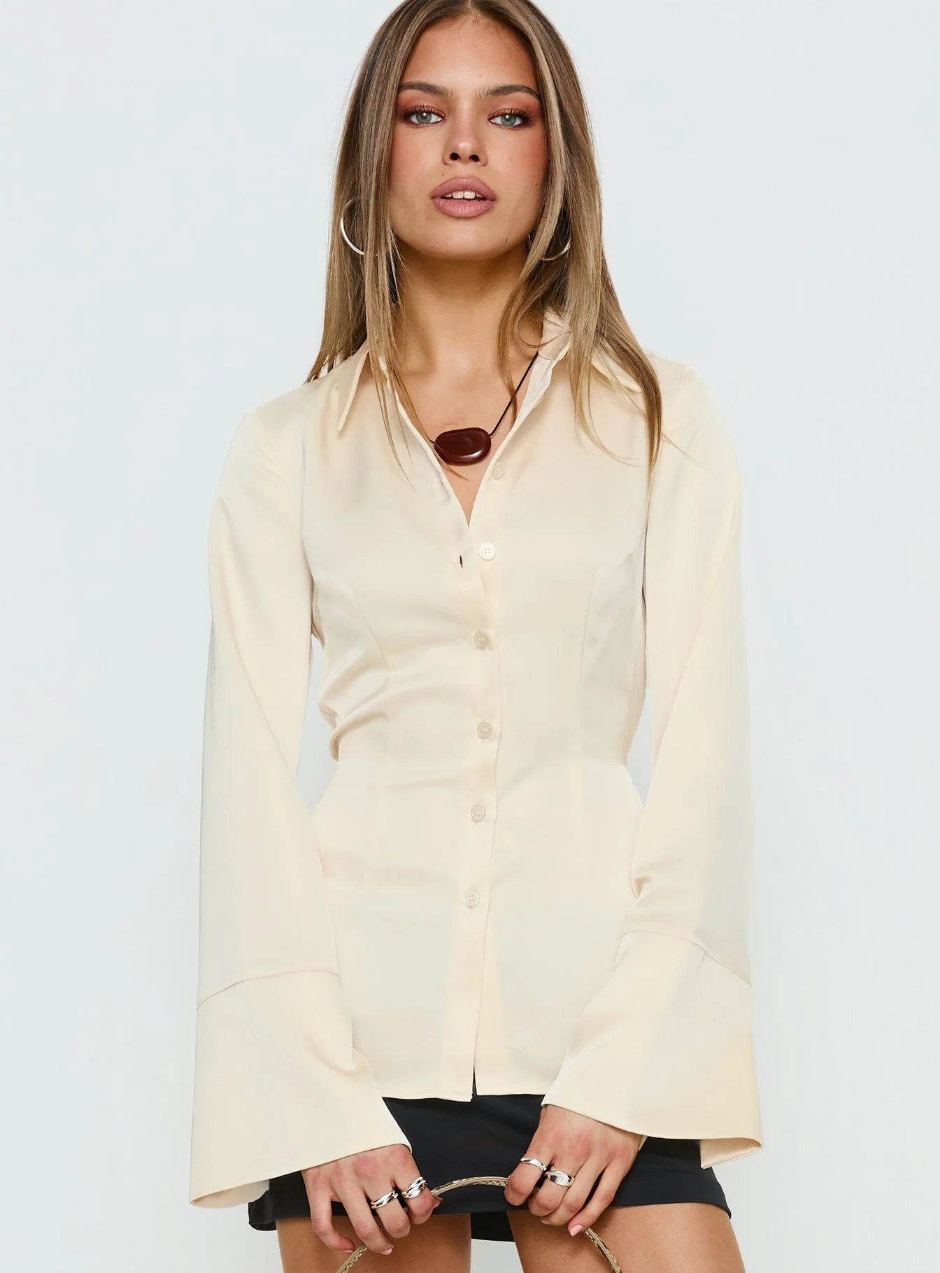Emalona Long Sleeve Satin Top Cream