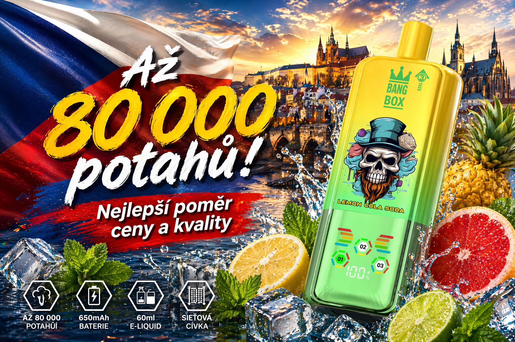 BANGBOX 80K 3 v 1 vape 80000 potahů jednorázová elektronická cigareta 60 ml 850 mAh Česko