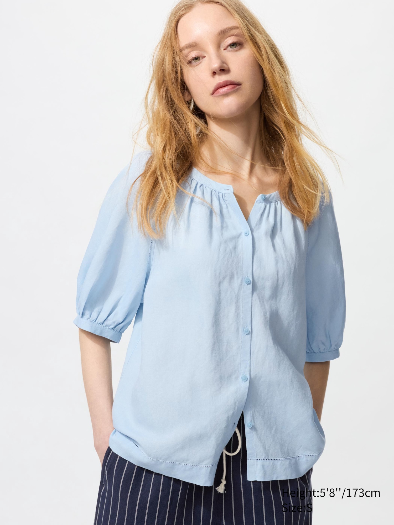 Linen Blend Volume Short Sleeve Blouse
