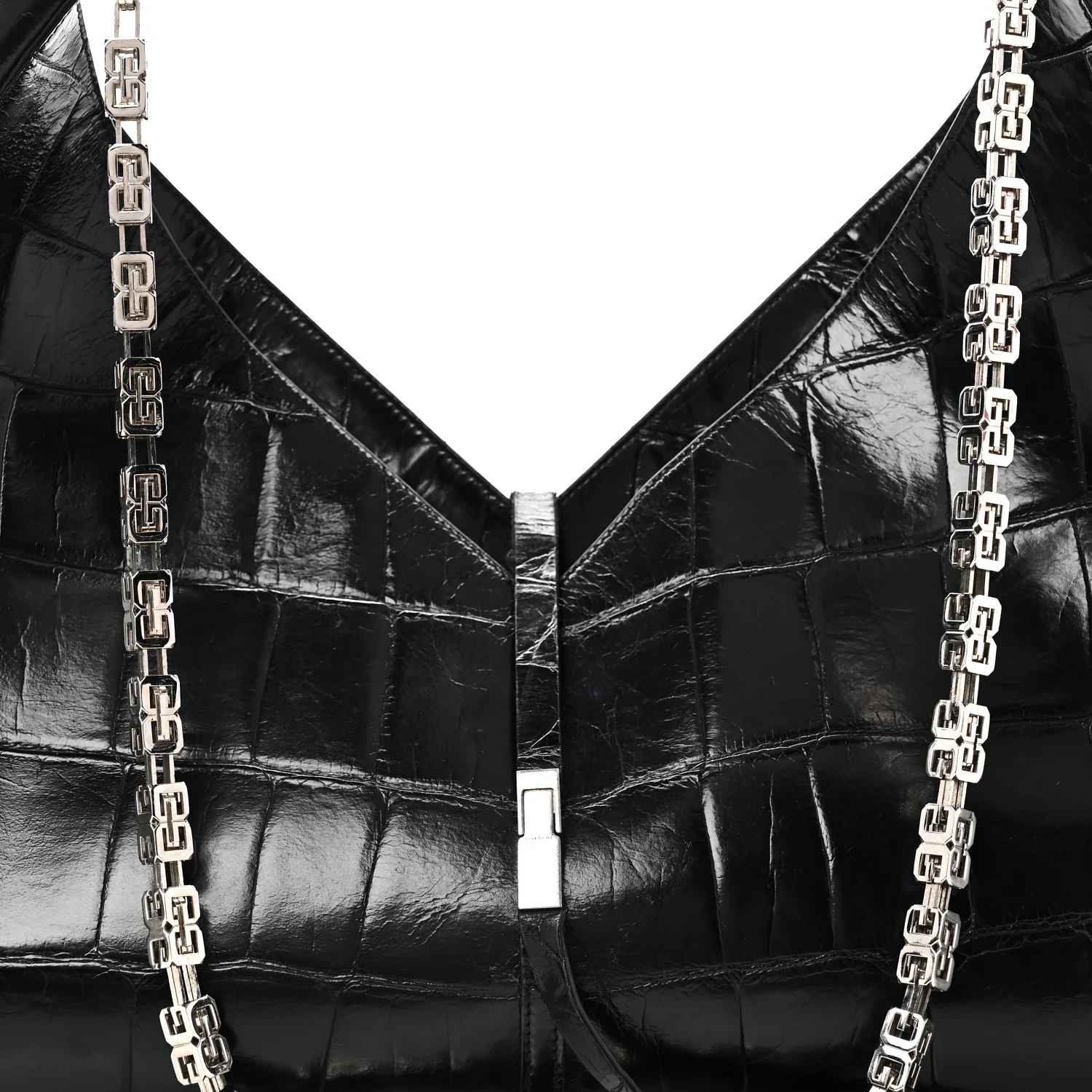 Calfskin Crocodile Embossed Large Cut Out Shoulder Bag Black - Top Club