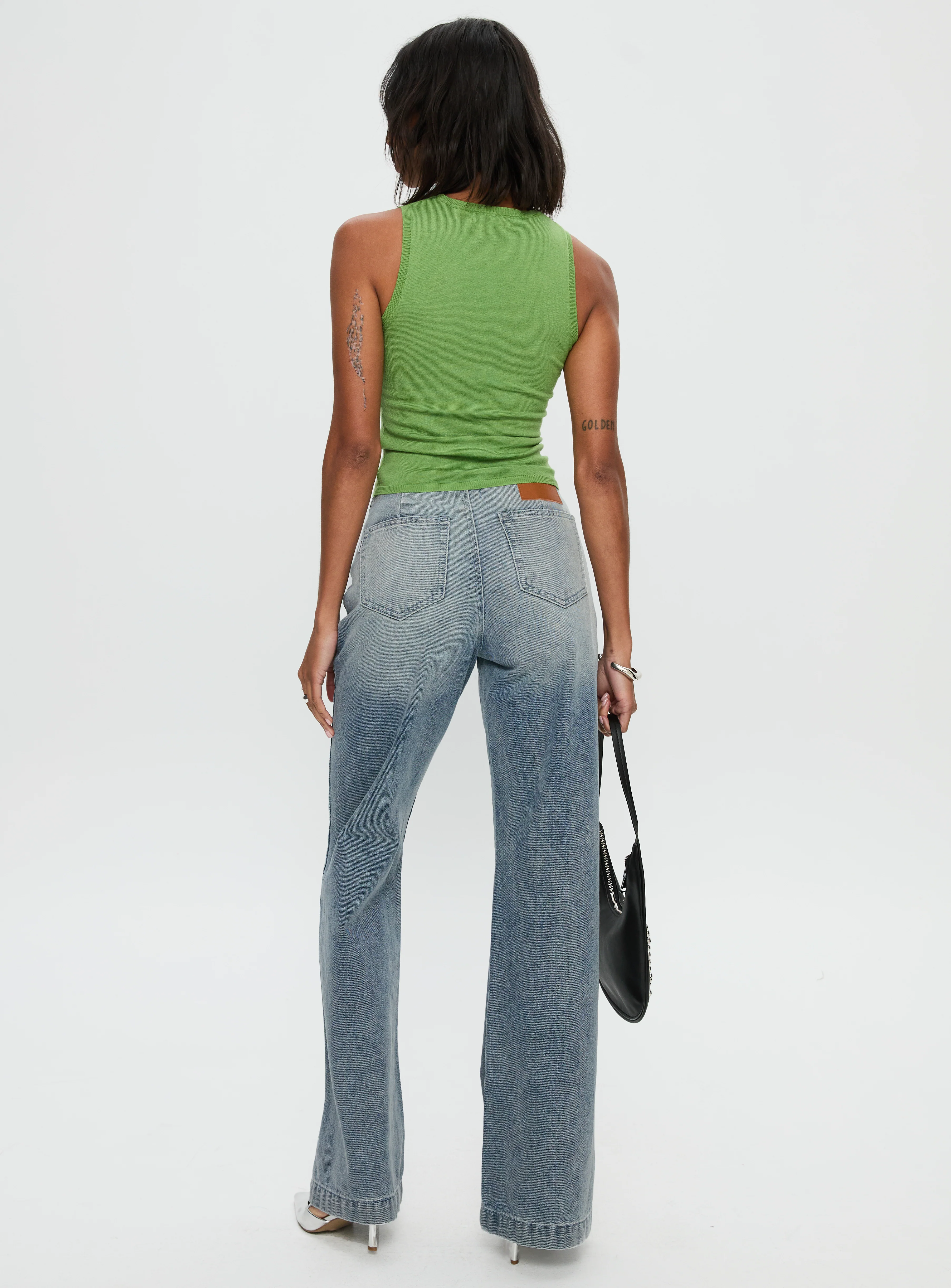 Slow Ride Mid Rise Bootleg Belted Jeans Light Blue