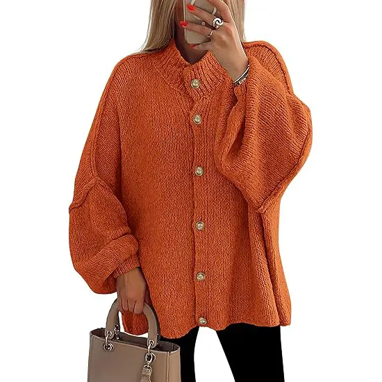 PrettyGarden Women's Winter Button Down Cardigan Sweaters Mock Neck Lantern Long Sleeve Chunky Knit Jacket Trendy Outerwear