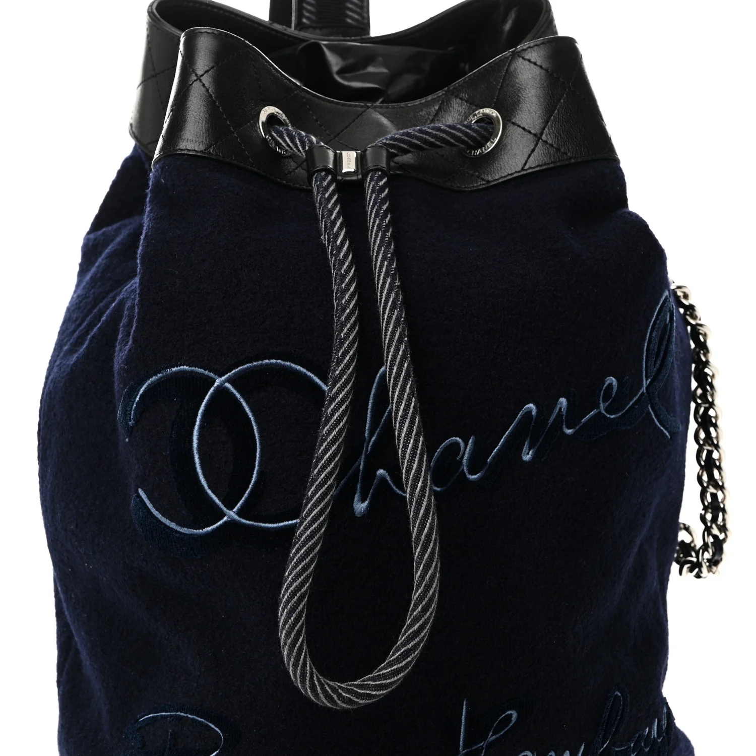 Wool Calfskin Embroidered Paris Hamburg Drawstring Backpack Navy Blue - Top Club