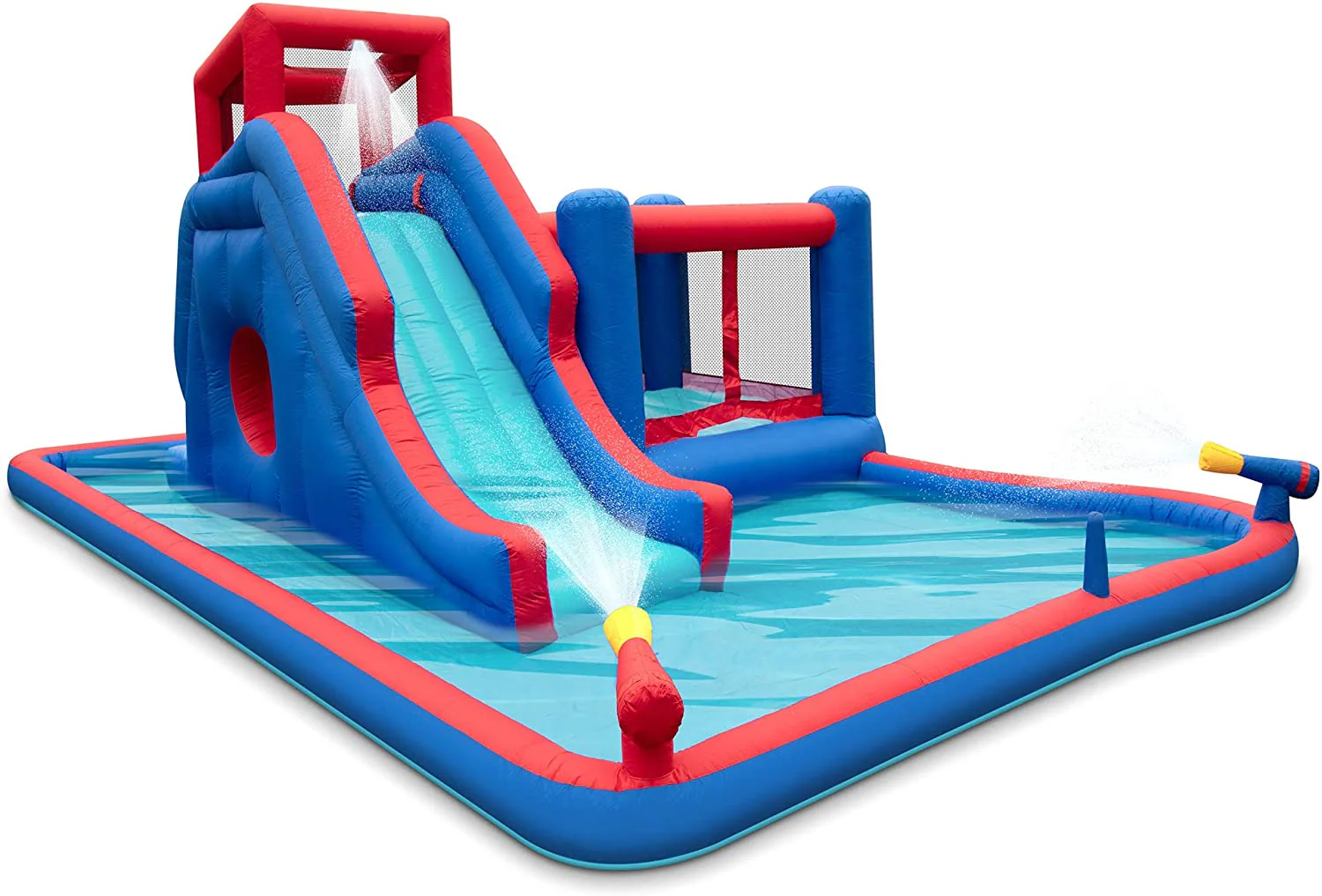 Deluxe Inflatable Water Slide Park - Durable nylon bouncy castle for outdoor fun - Climbing wall, slide, bouncy castle and paddling pool - Easy to set up and inflate with included air pump and carry bag
