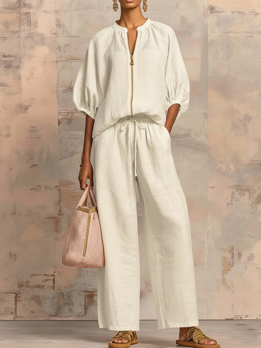 Stylish Cozy Shirt & Wide-Leg Pants Linen Cotton Two-Piece Set - Nordfashionstorm - Women's Clothing, Fashion for You - Nordfashionstorm.com