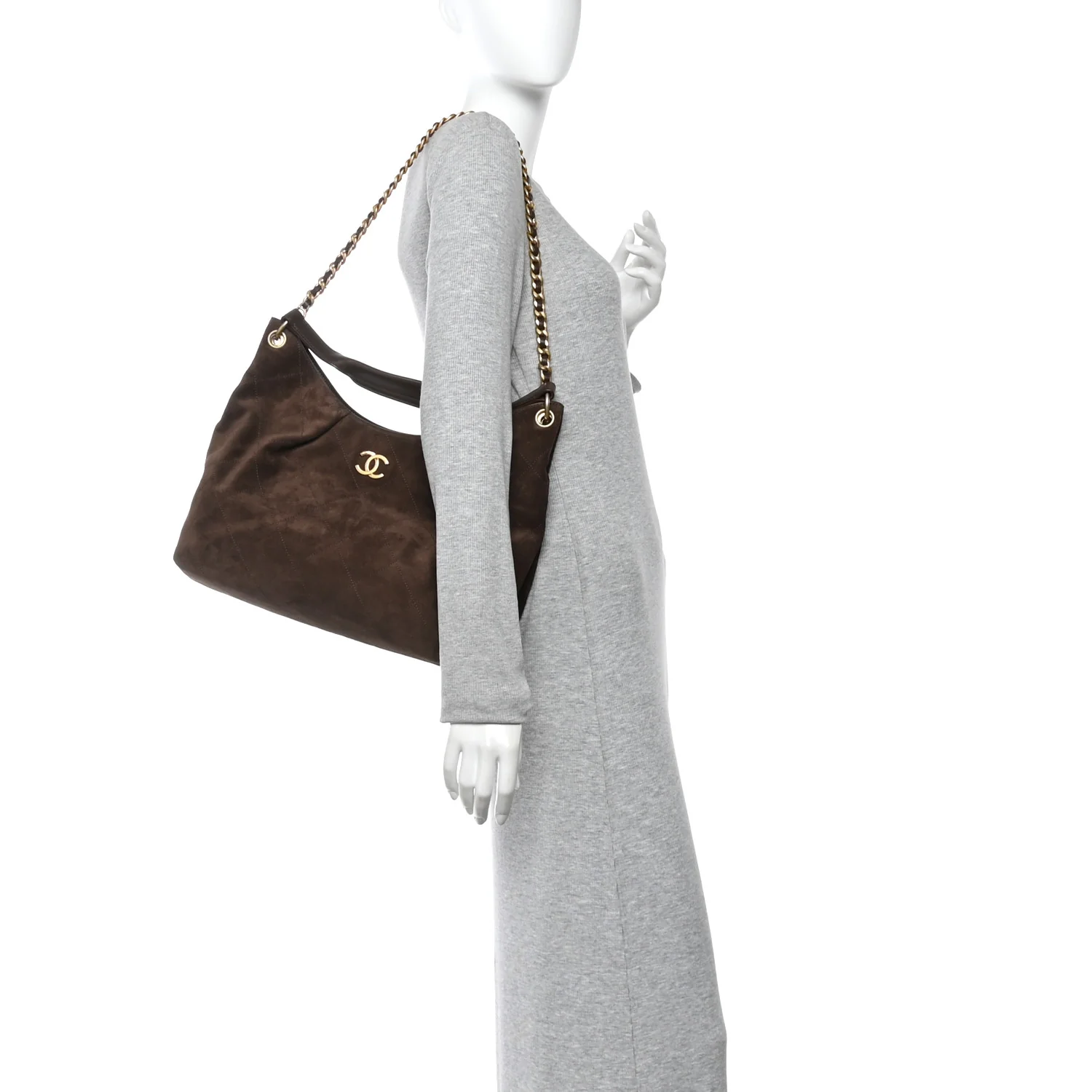 Suede Calfskin Lambskin Quilted Large Maxi Hobo Dark Brown