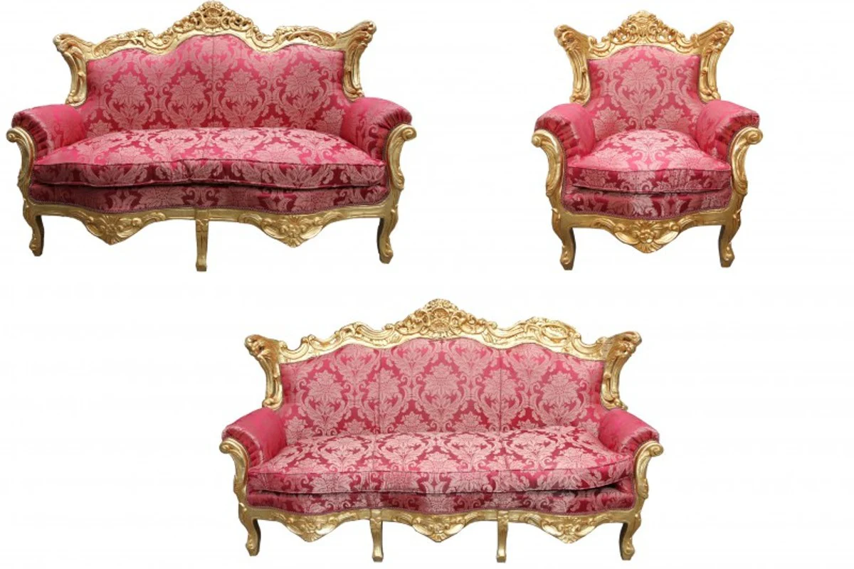 Baroque living room set Bordeaux pattern/gold - 3-seater sofa + 2-seater sofa + 1 armchair