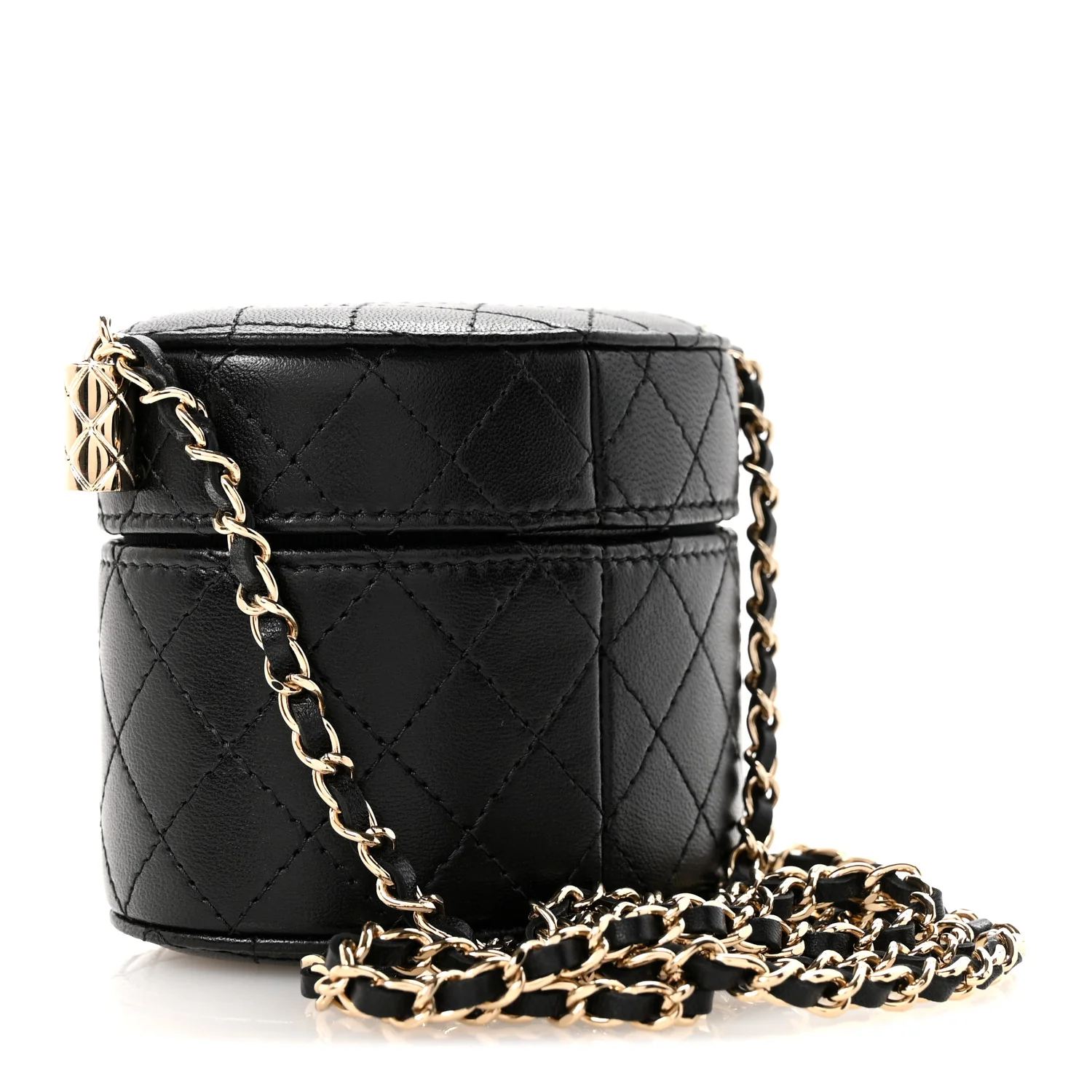 Lambskin Quilted Mini Round Vanity Case With Chain Black - Top Club