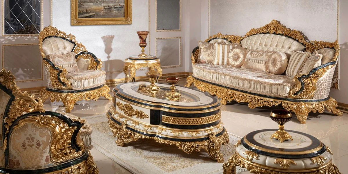 Luxury Baroque Living Room Set Gold / White / Blue / Gold - 2 Sofas & 2 Armchairs & 1 Coffee Table & 2 Side Tables - Handcrafted Living Room Furniture in Baroque Style - Noble & Magnificent