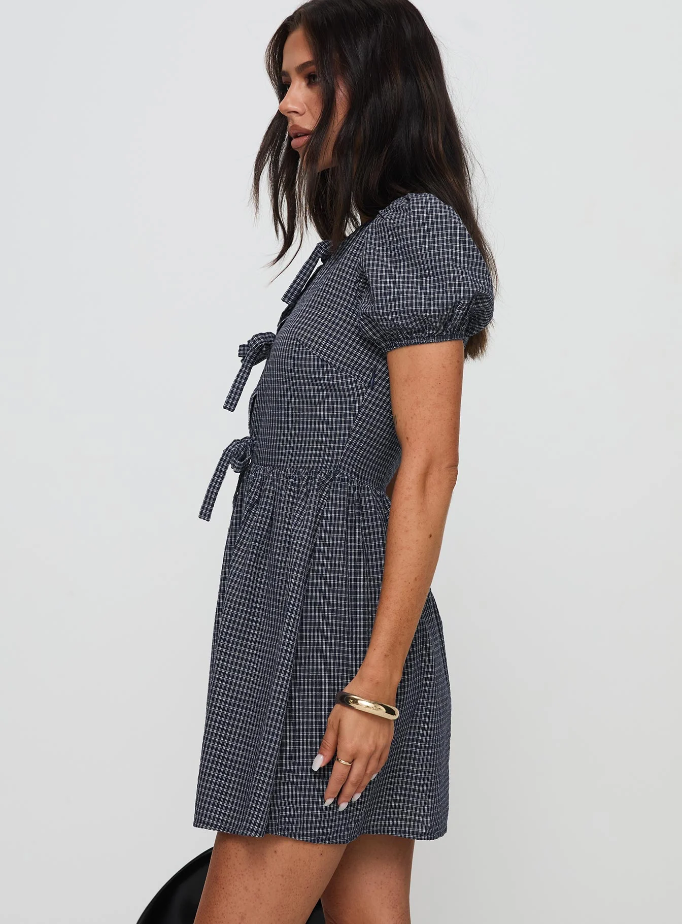 Nurture Bow Mini Dress Navy Check