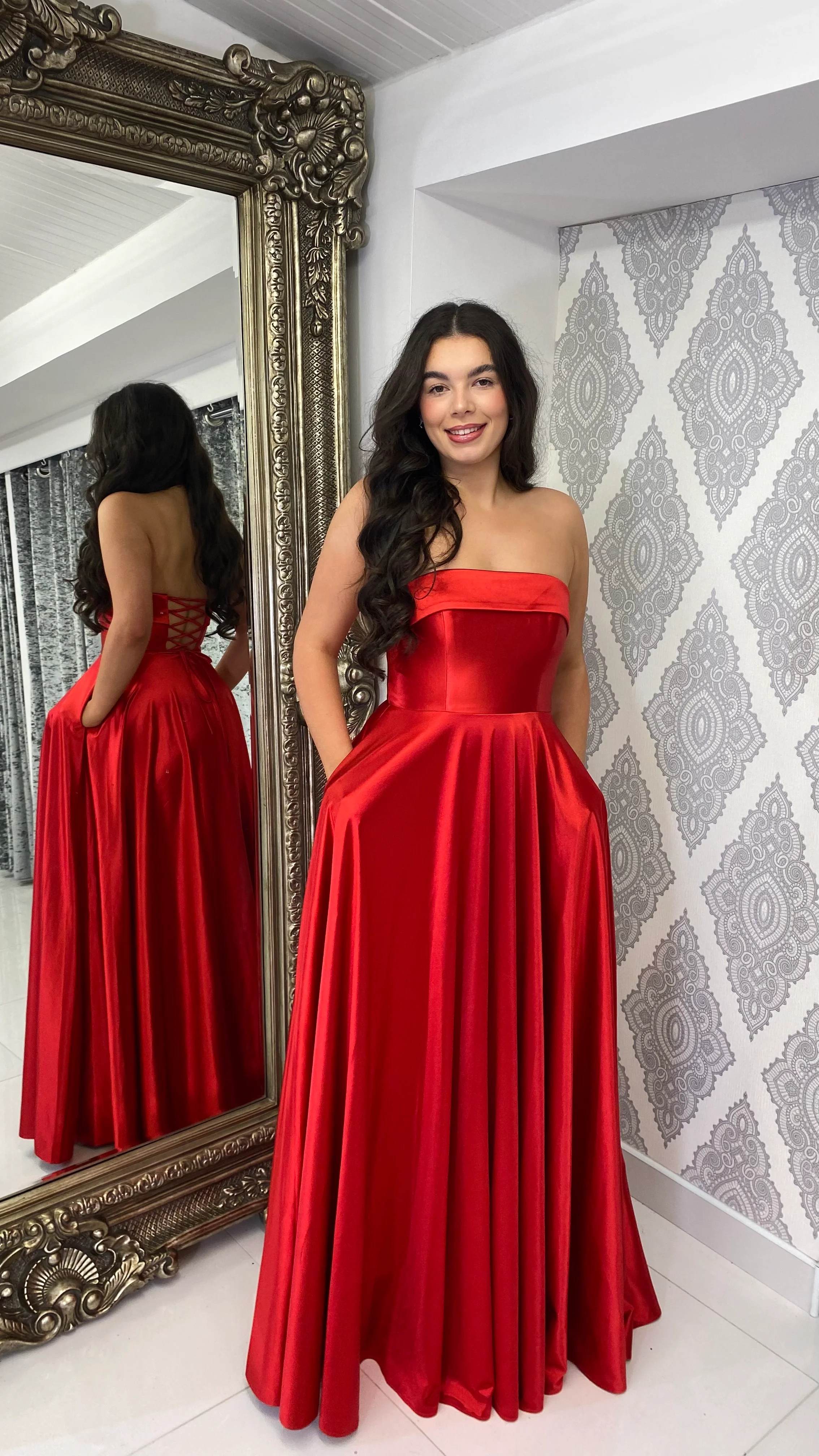 Red Satin A-line Strapless Gown