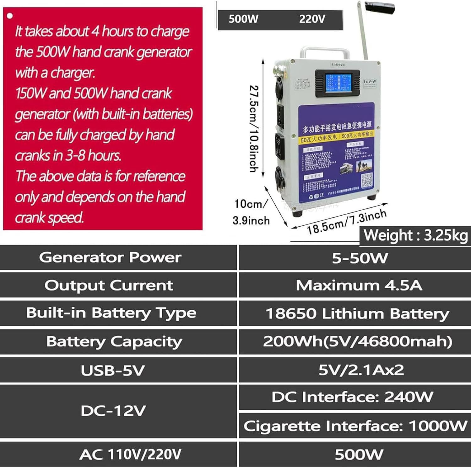 Generatore a Manovella da 500 W, 200 Wh, 46800 mAh, Stazione di Alimentazione Portatile con Presa, 220 V AC/DC/USB Generatori di Alimentazione Mobile, Alimentazione di Emergenza
