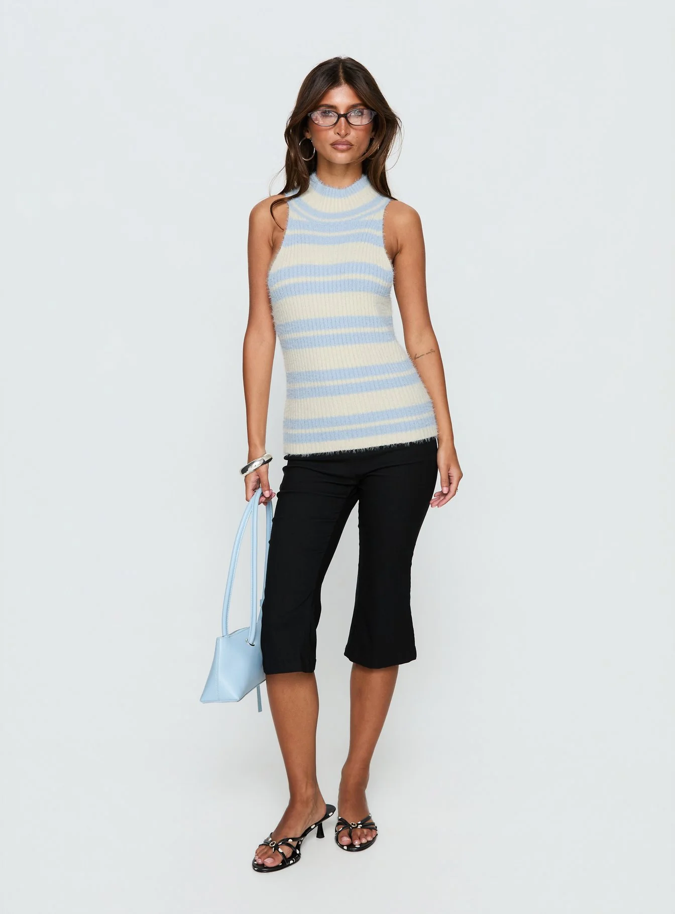 Heide High Neck Fluffy Top Blue Stripe