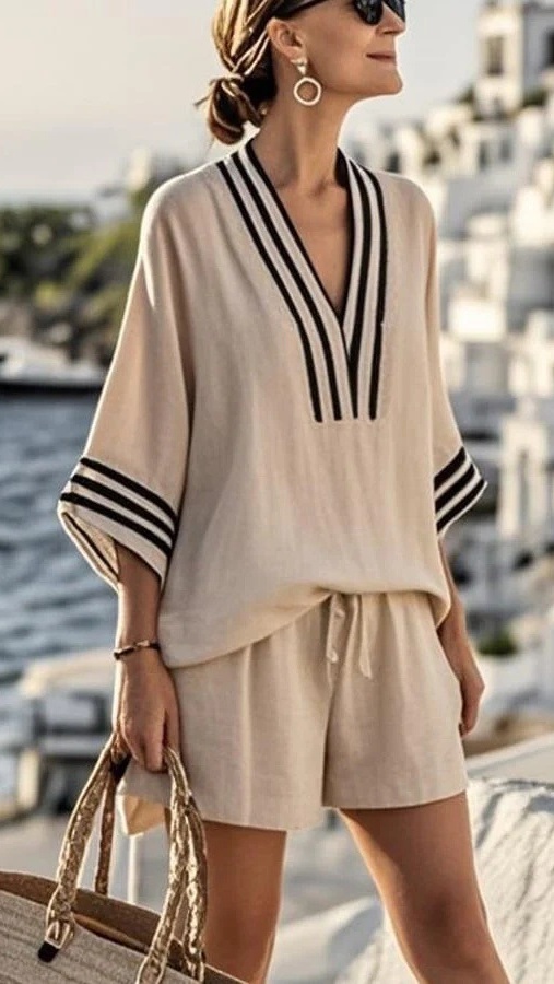 Women's V-Neck Striped Loose-Fit Casual Two-Piece Set - Nordfashionstorm - Women's Clothing, Fashion for You - Nordfashionstorm.com