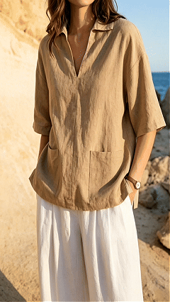 Women's Khaki Collared Mid-sleeve Cotton-blend Blouse - Nordfashionstorm - Women's Clothing, Fashion for You - Nordfashionstorm.com