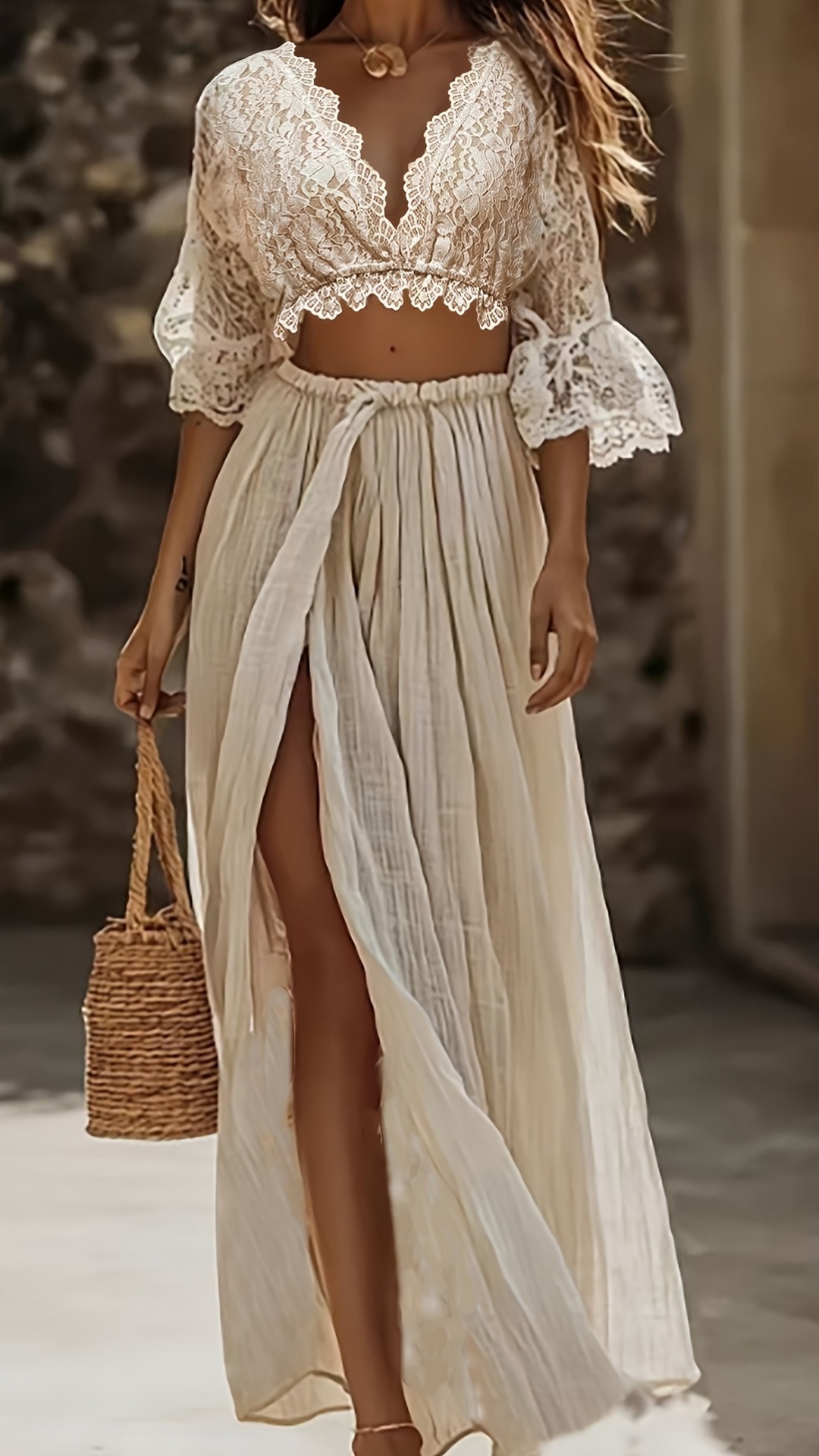 Women's Elegant Beach Set: Lace-Paneled Skirt and Top - Nordfashionstorm - Women's Clothing, Fashion for You - Nordfashionstorm.com