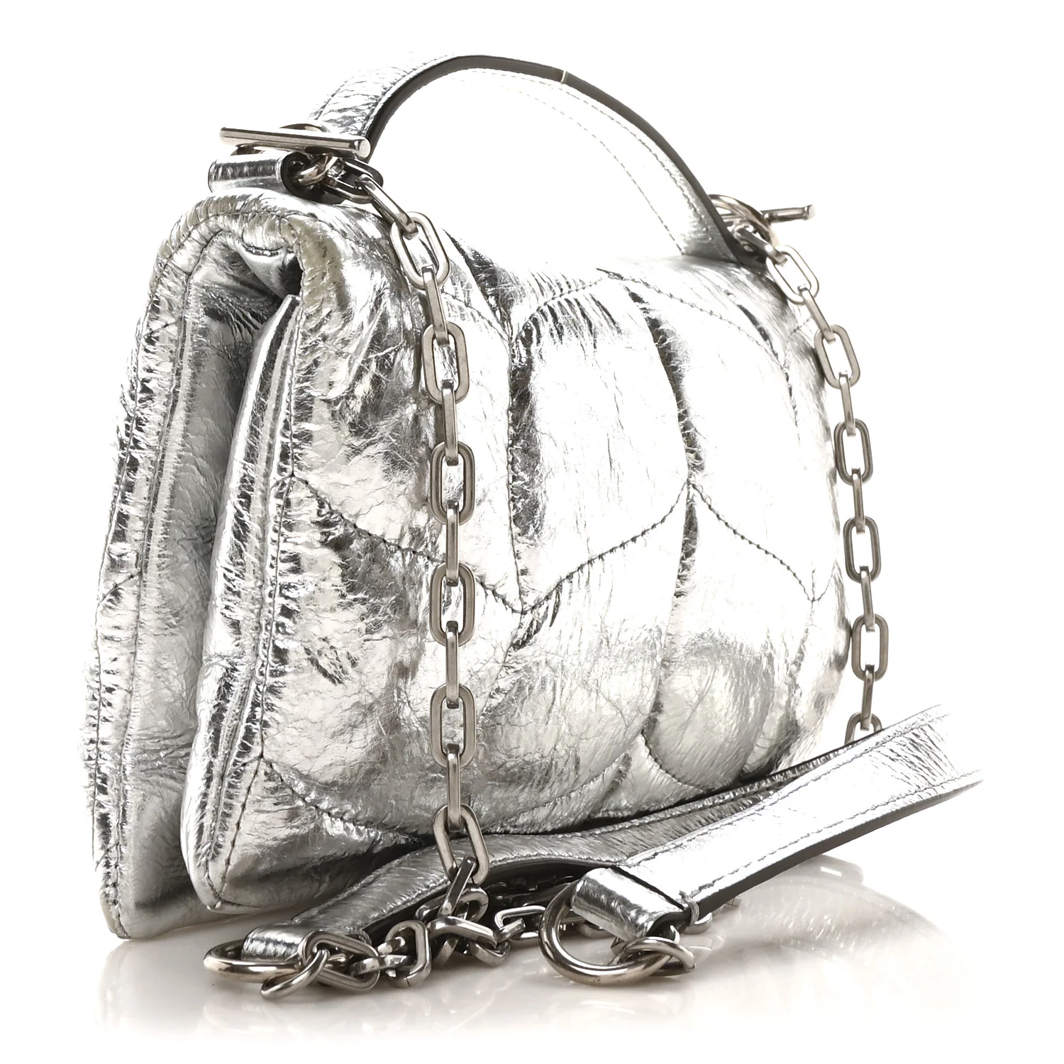 Metallic Crinkled Nappa Pillow Quilted Tiny Softie Bag Silver - Top Club