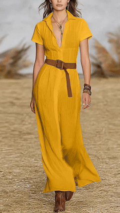 Women's Cotton‑blend Ginger Yellow Collared V‑Neck Short‑Sleeve Belted Waist‑cinched Maxi Dress - Nordfashionstorm - Women's Clothing, Fashion for You - Nordfashionstorm.com
