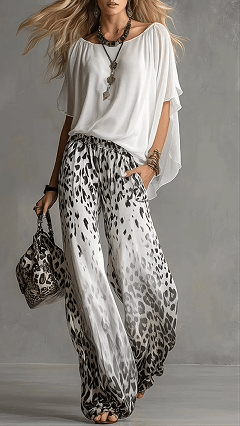 Women's Fashion Two-Piece Set: White T-Shirt & Leopard Print Chiffon Pants - Nordfashionstorm - Women's Clothing, Fashion for You - Nordfashionstorm.com