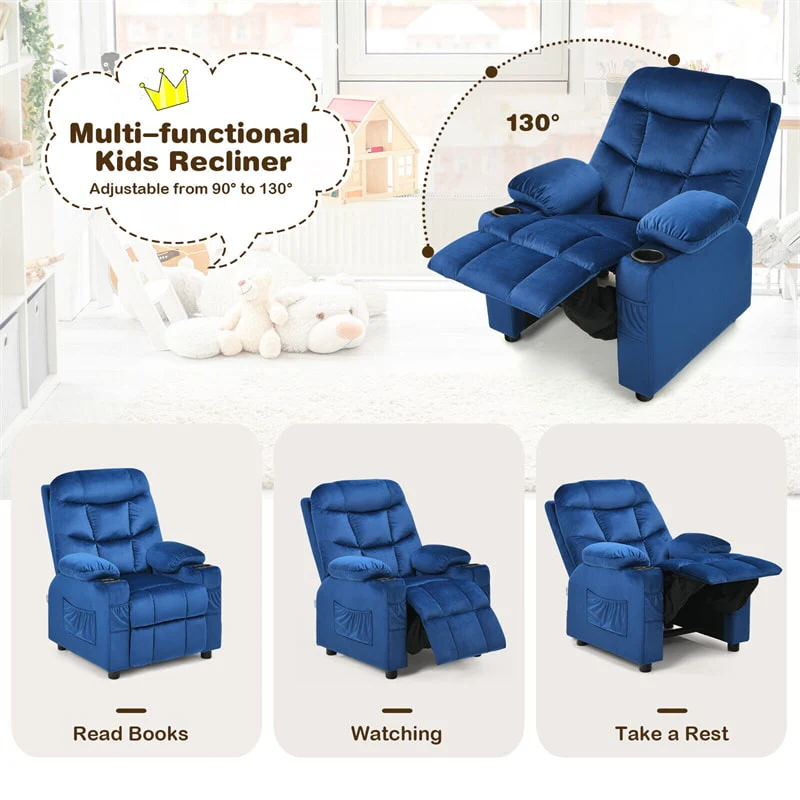 Kids Recliner Chair Adjustable Velvet Lounge Sofa with Cup Holders, 3 Pockets, Retractable Footrest, Toddler Furniture Sofa for Boys Girls Room