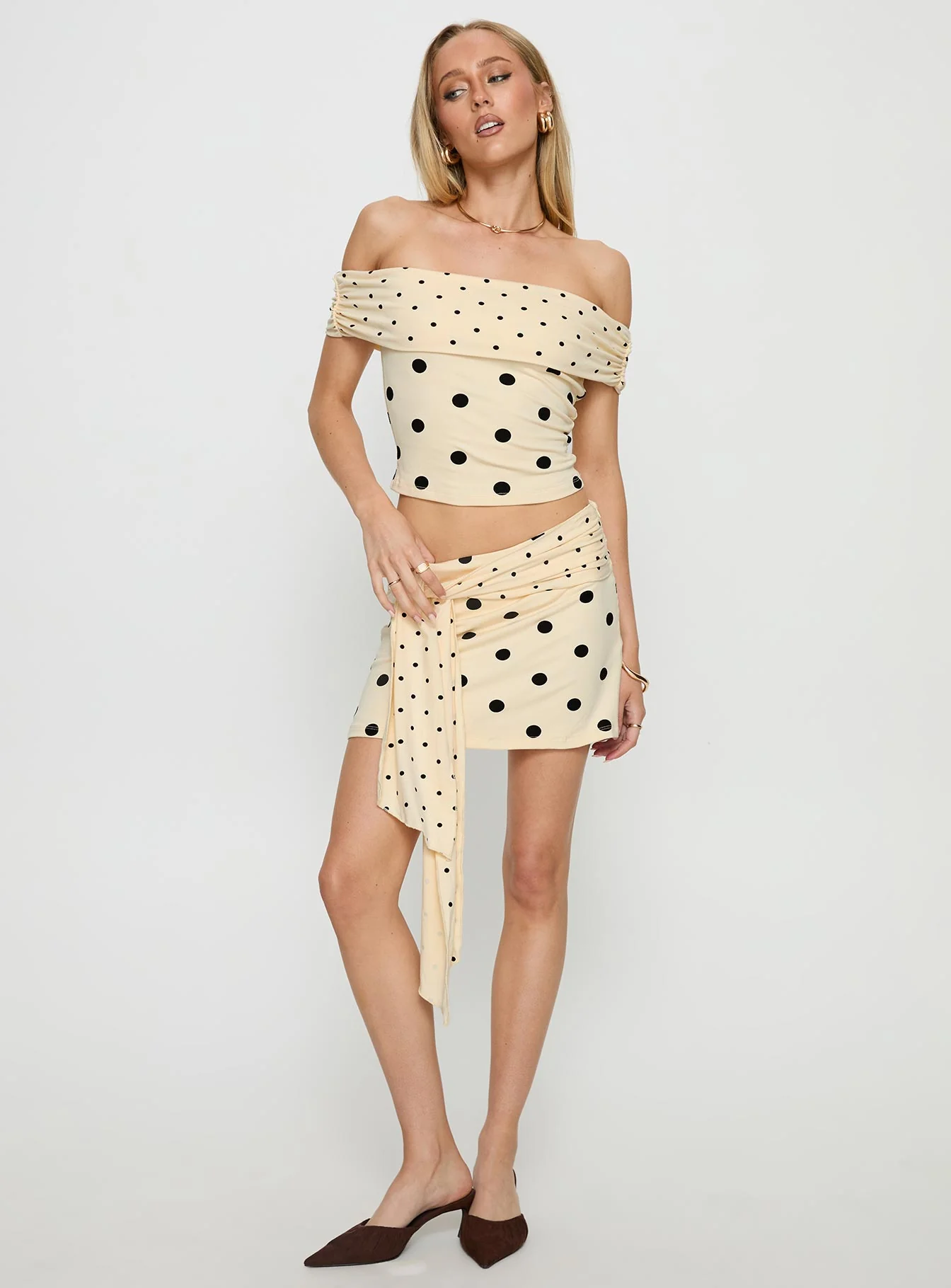 Aneira Off Shoulder Top Cream Polka Dot