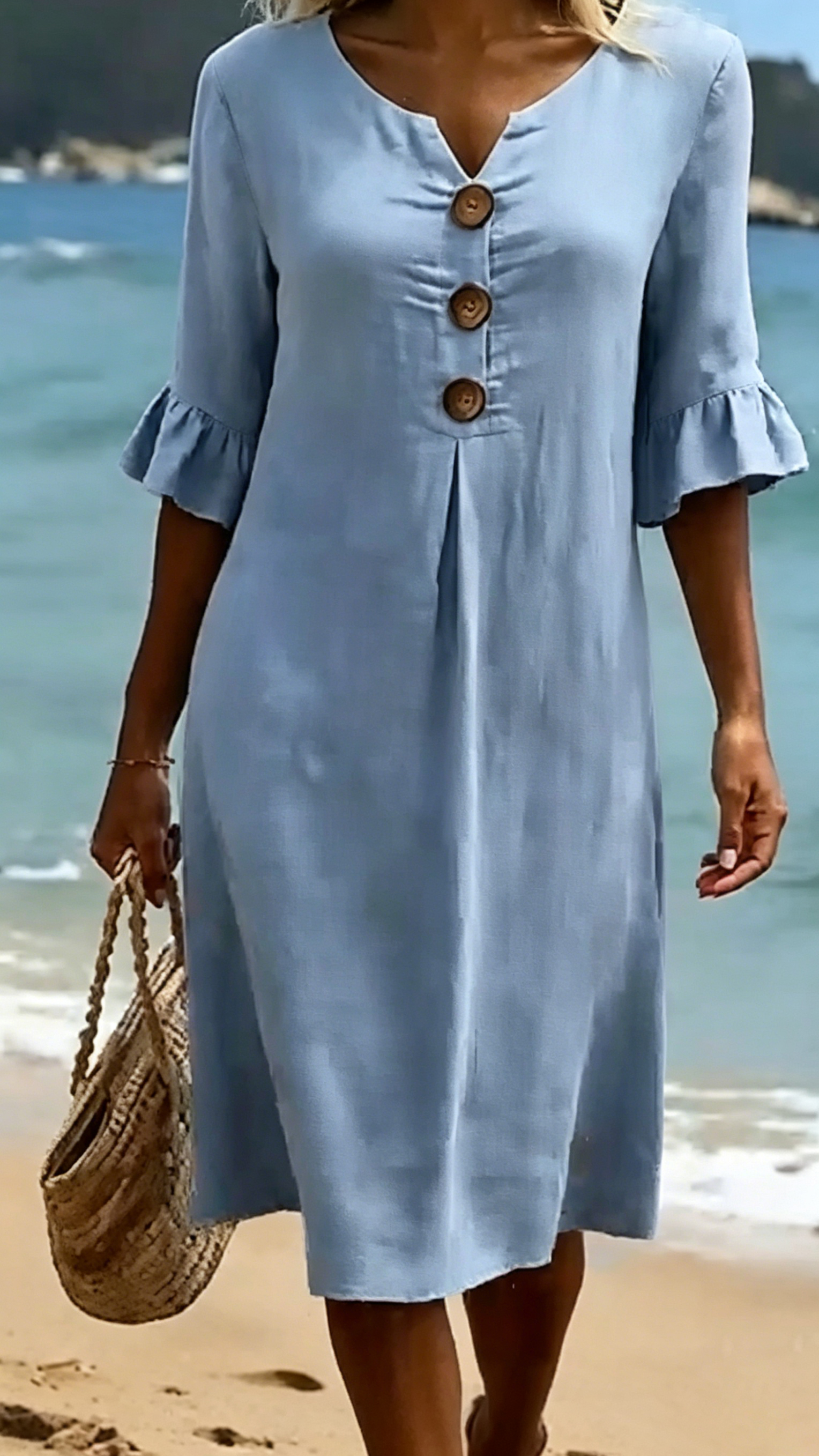 Women's Cotton-Linen Dress with V-Neck, Large Buttons, and Ruffled Sleeves - Nordfashionstorm - Women's Clothing, Fashion for You - Nordfashionstorm.com