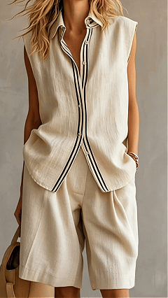Women's Loose Sleeveless Striped Cotton Linen Shirt Two-Piece Set - Nordfashionstorm - Women's Clothing, Fashion for You - Nordfashionstorm.com