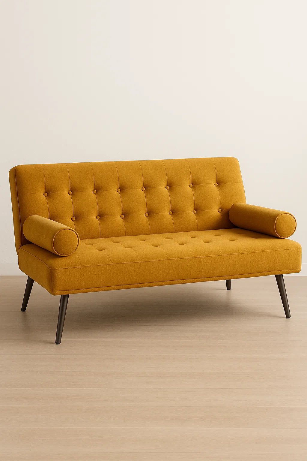 Sofá - 2 plazas con botones decorativos y cojines cilíndricos, estilo retro moderno, tejido mostaza