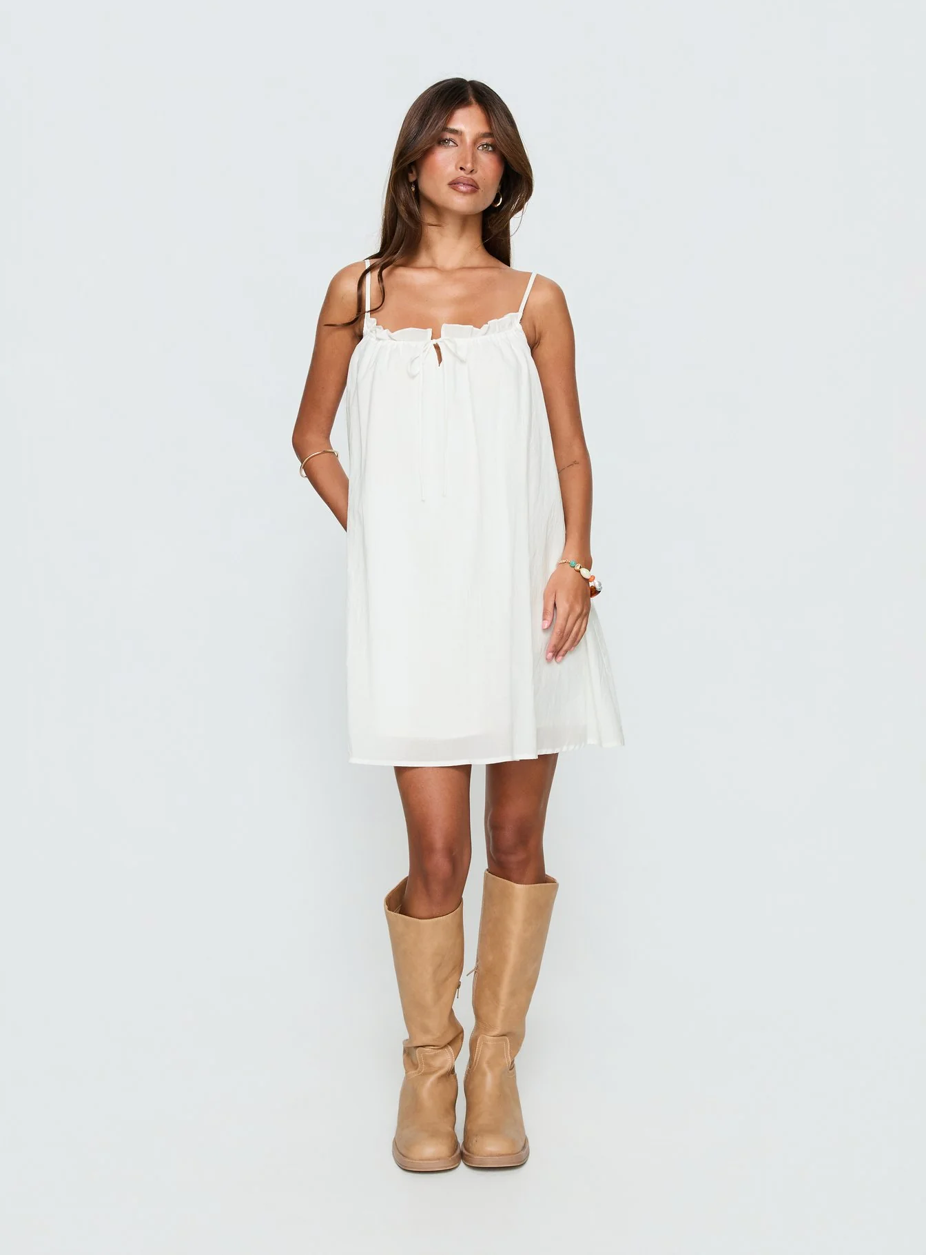 Kind Of Wonderful Tie Detail Baby Doll Mini Dress White