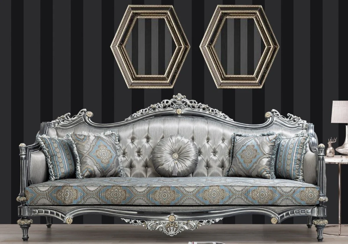 Luxury baroque sofa silver / turquoise / gold 248 x 96 x H. 118 cm - Magnificent solid wood living room sofa with elegant pattern and decorative pillows - Baroque living room furniture