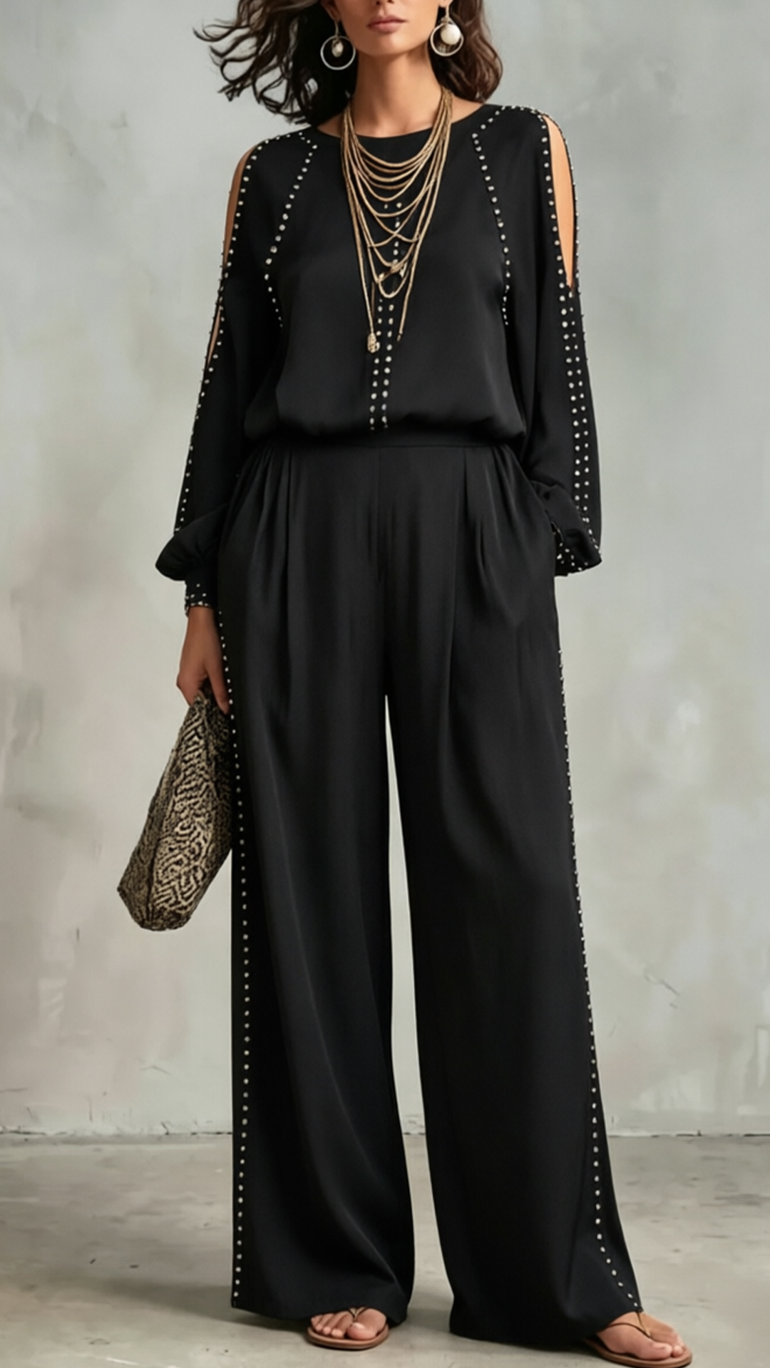 Women's Cold-Shoulder Studded Top & Wide-Leg Pants Cotton Blend Set - Nordfashionstorm - Women's Clothing, Fashion for You - Nordfashionstorm.com