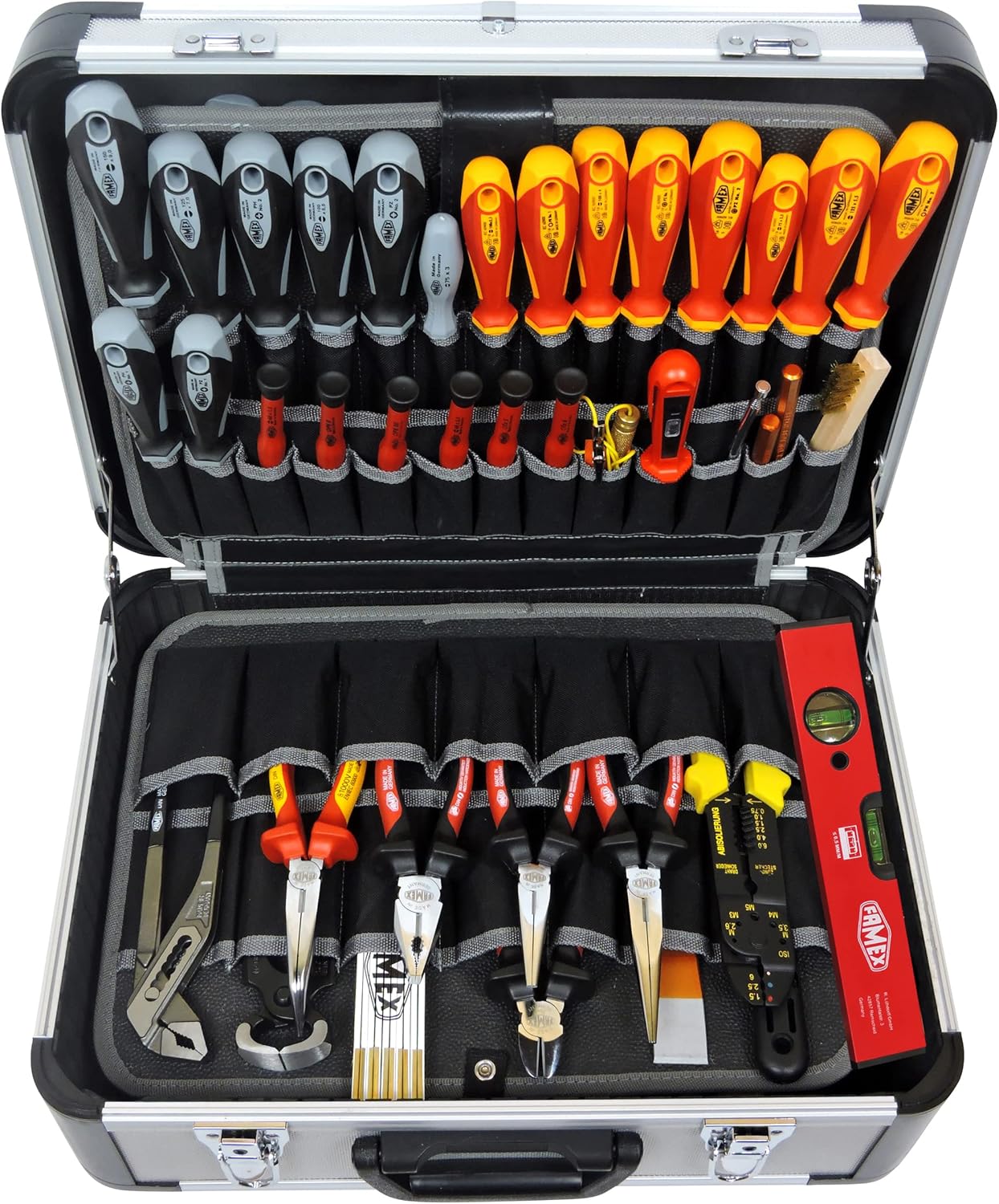 FAMEX 418-88 - Cassetta degli attrezzi professionale in alluminio, riempita con set di attrezzi, grande, per uso commerciale, utensili di produzione tedesca, valigetta con tasche