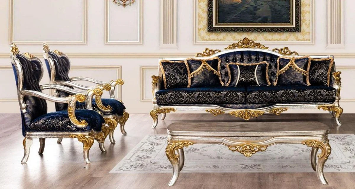 Luxury Baroque Living Room Set Royal Blue / Black / Silver / Gold - 2 Baroque Sofas with Pattern & 2 Baroque Armchairs with Pattern & 1 Baroque Coffee Table - Baroque Living Room Furniture