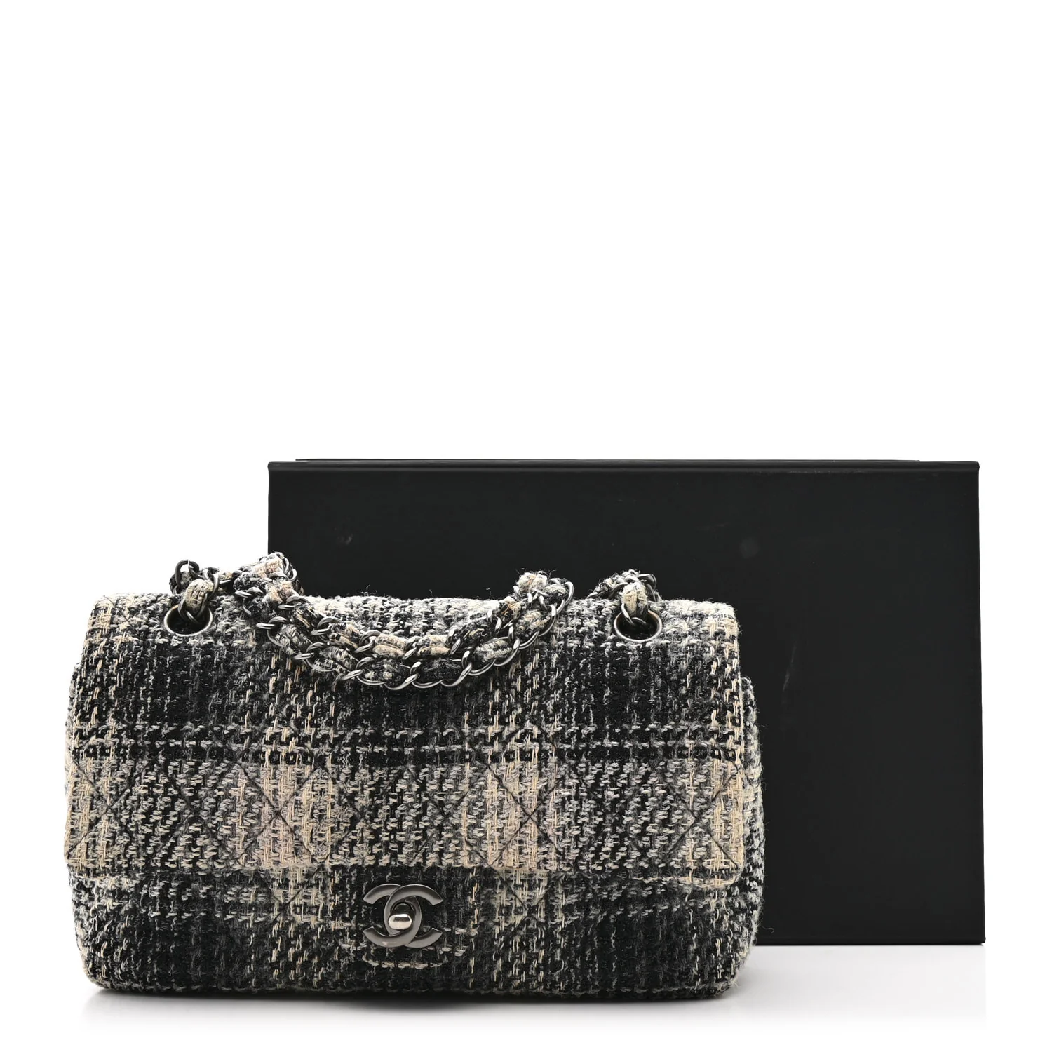 Tweed Quilted Medium Double Flap Beige White Black - Top Club