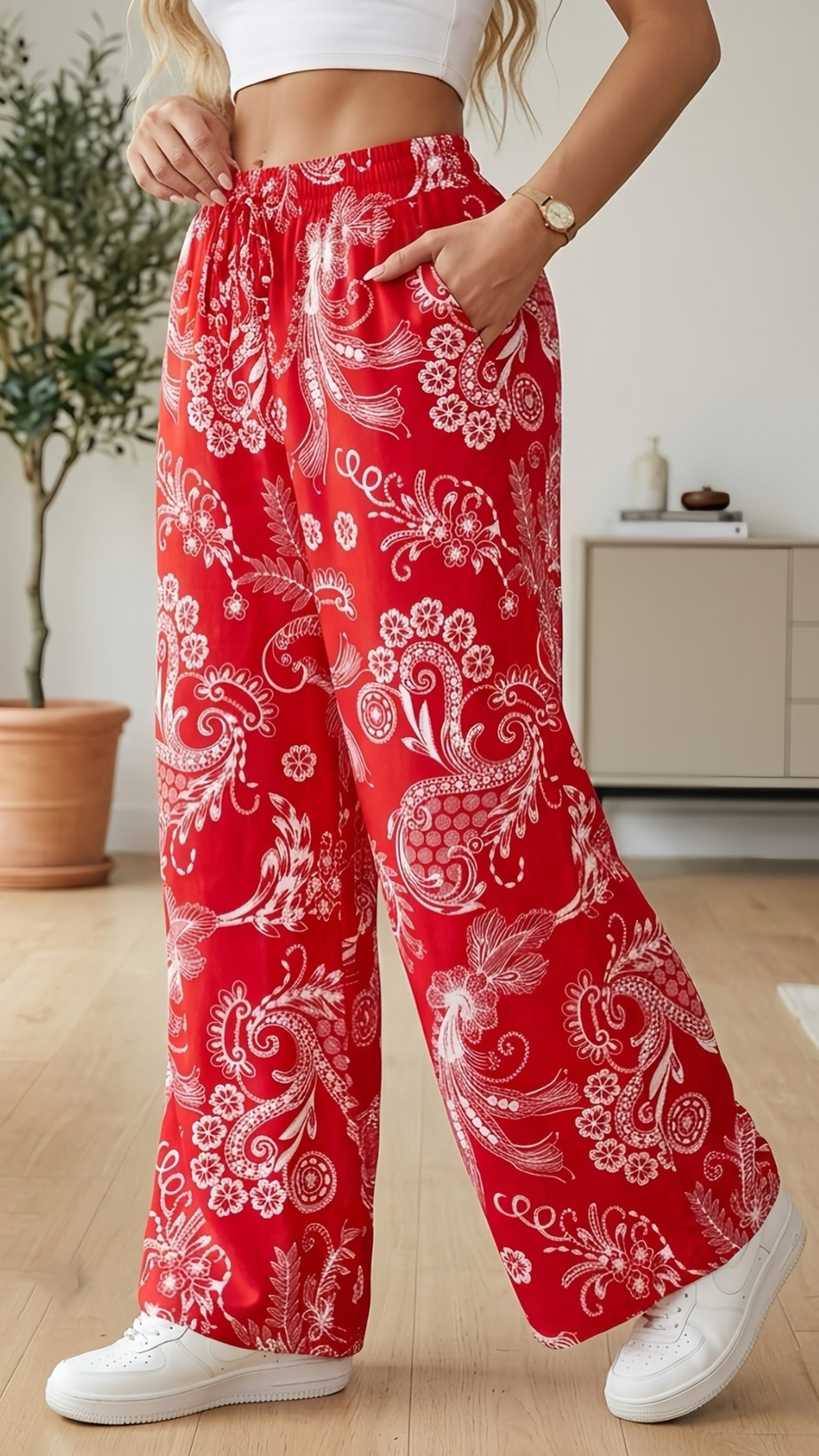 Women's  Elastic Waist Retro Print Loose Wide Leg Polyester Pants - Nordfashionstorm - Women's Clothing, Fashion for You - Nordfashionstorm.com