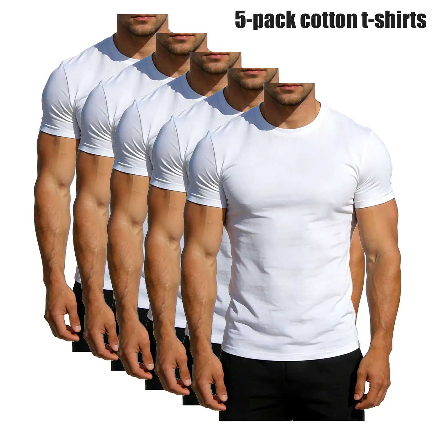 1/2/3/4/5 Pack Men’s Heavyweight White Cotton Crew Neck T-Shirt, Classic Casual Streetwear Basic Top