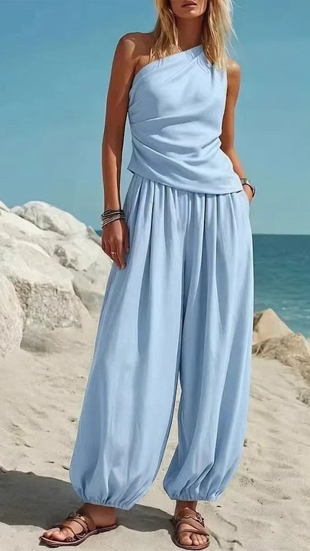 Women's Sleeveless Vest and Loose High-Waisted Trousers Two-Piece Set - Nordfashionstorm - Women's Clothing, Fashion for You - Nordfashionstorm.com