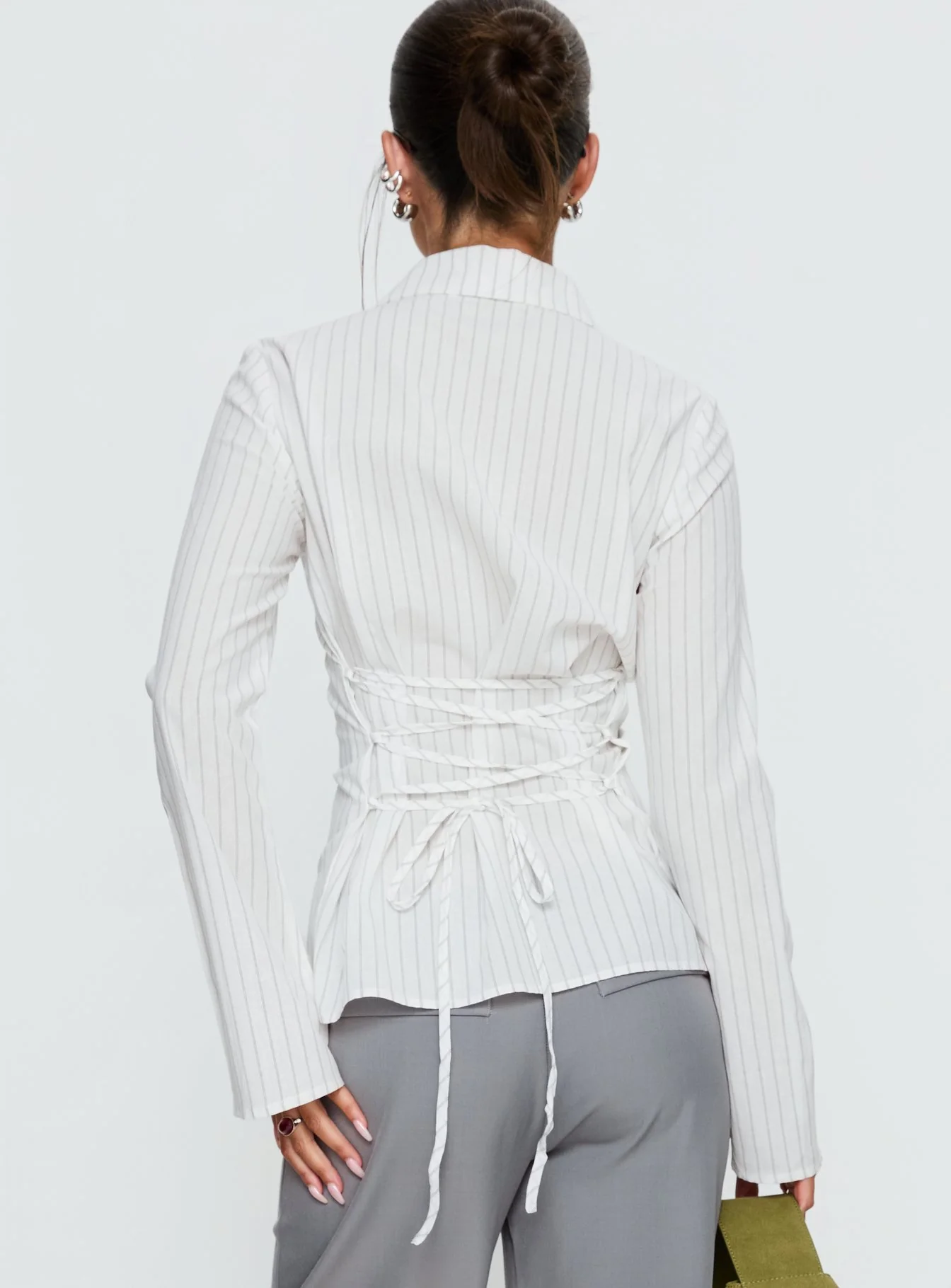Eryx Tie Back Button Up Top White Pinstripe
