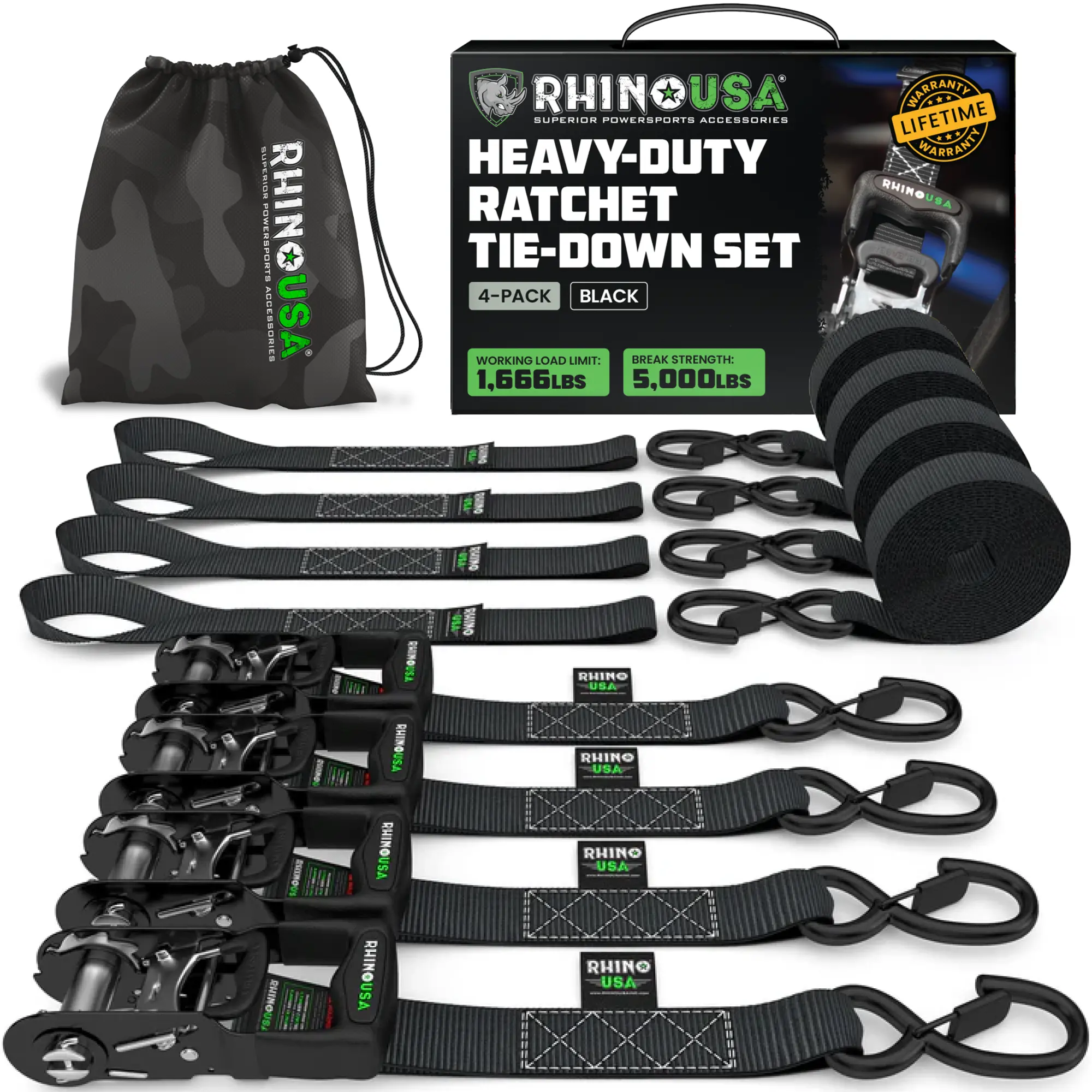 Rhino USA TRADITIONAL Ratchet Straps Heavy Duty Kit - 1.6 Inch x 8ft -15ft (5,208lb Break Strength) 2-4 pack