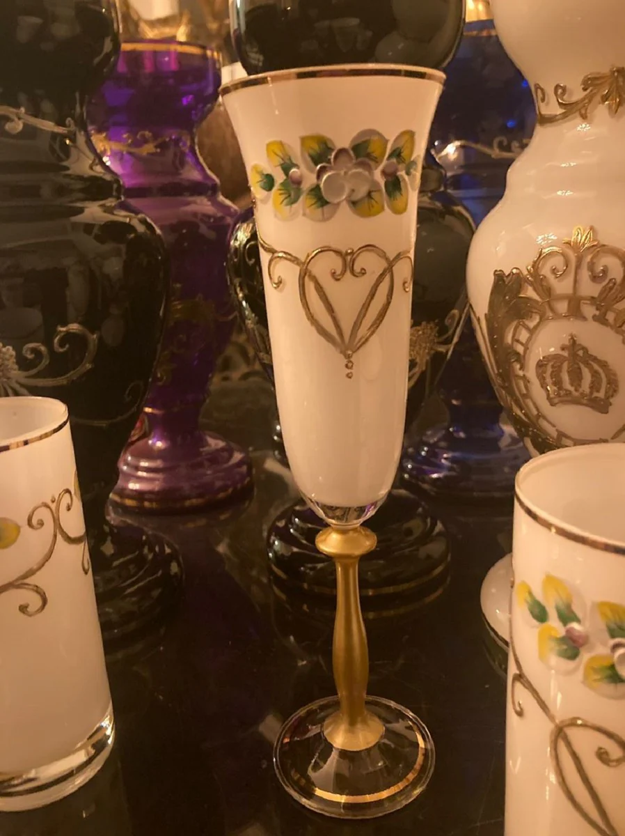 Luxury Art Nouveau champagne glasses set of 6 white / multicolored / gold - handmade and hand-engraved champagne glasses with 24 carat gold plating - hotel & restaurant accessories