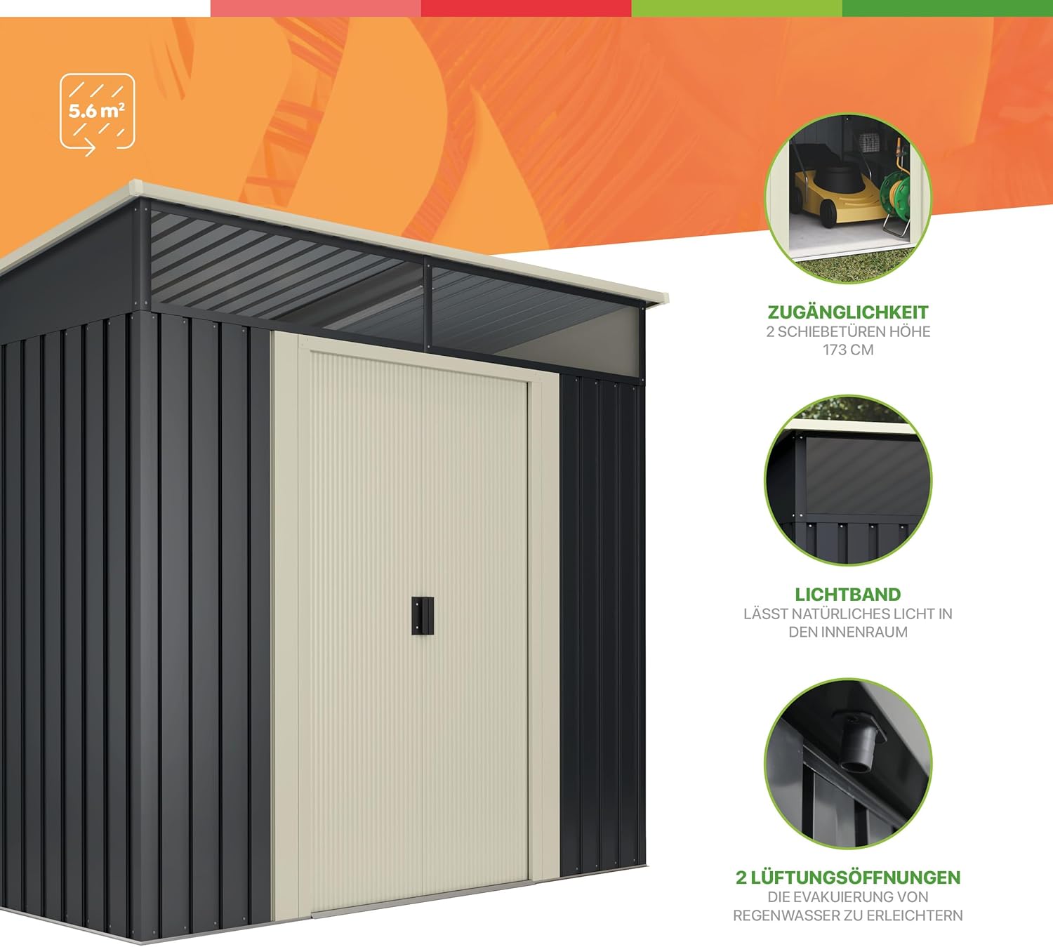 Wasabi - Casetta di Giardino Esterno 5,6 m2 Stark – 236x238x203cm - Lucernario in Policarbonato – Grigio Antracite e Beige - Porta Scorrevole Doppia – Tetto Inclinato - Capanno di Metallo Esterno