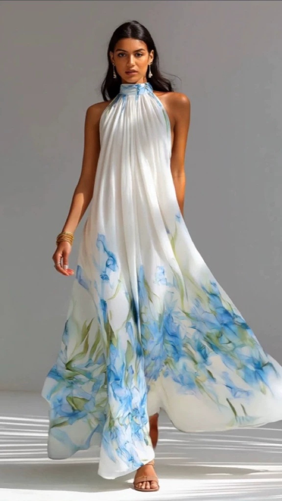 Women Watercolor Blue Floral Halter Chiffon Sleeveless Maxi Dress - Nordfashionstorm - Women's Clothing, Fashion for You - Nordfashionstorm.com